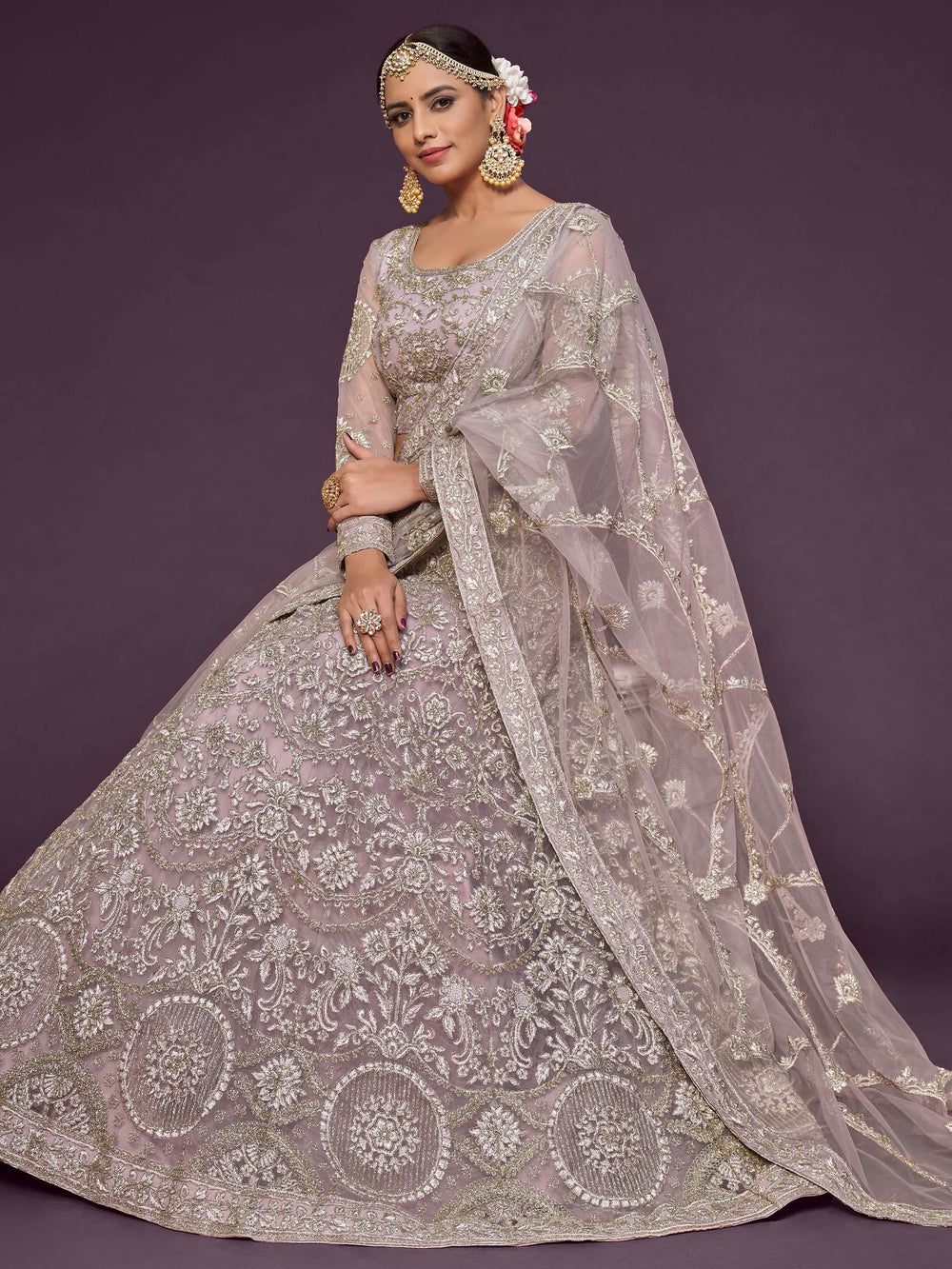 Beige Embroidered Soft Net Occasion Lehenga Choli for Women