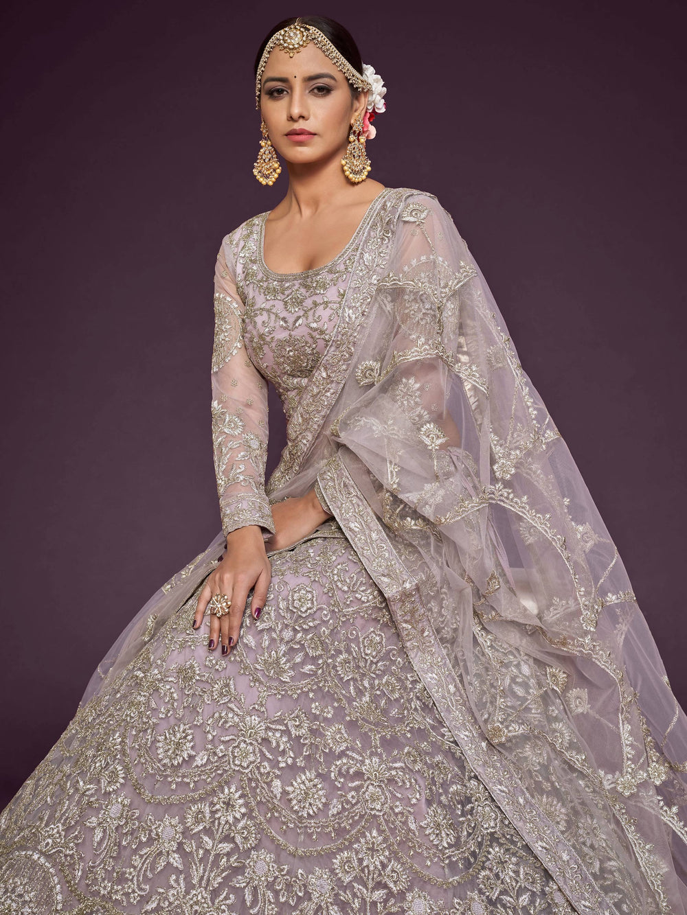 Beige Embroidered Soft Net Occasion Lehenga Choli for Women