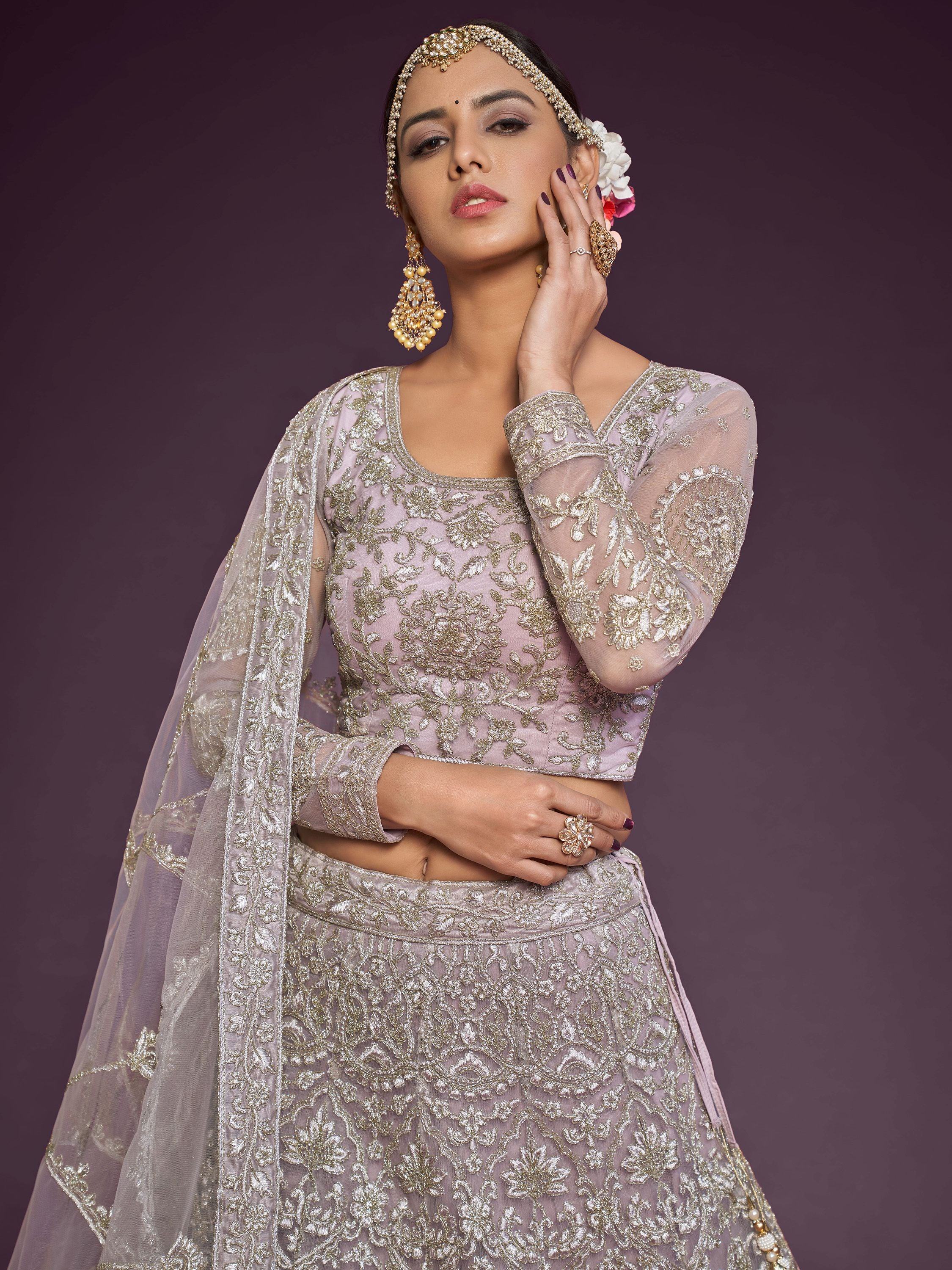 Beige Embroidered Soft Net Occasion Lehenga Choli for Women