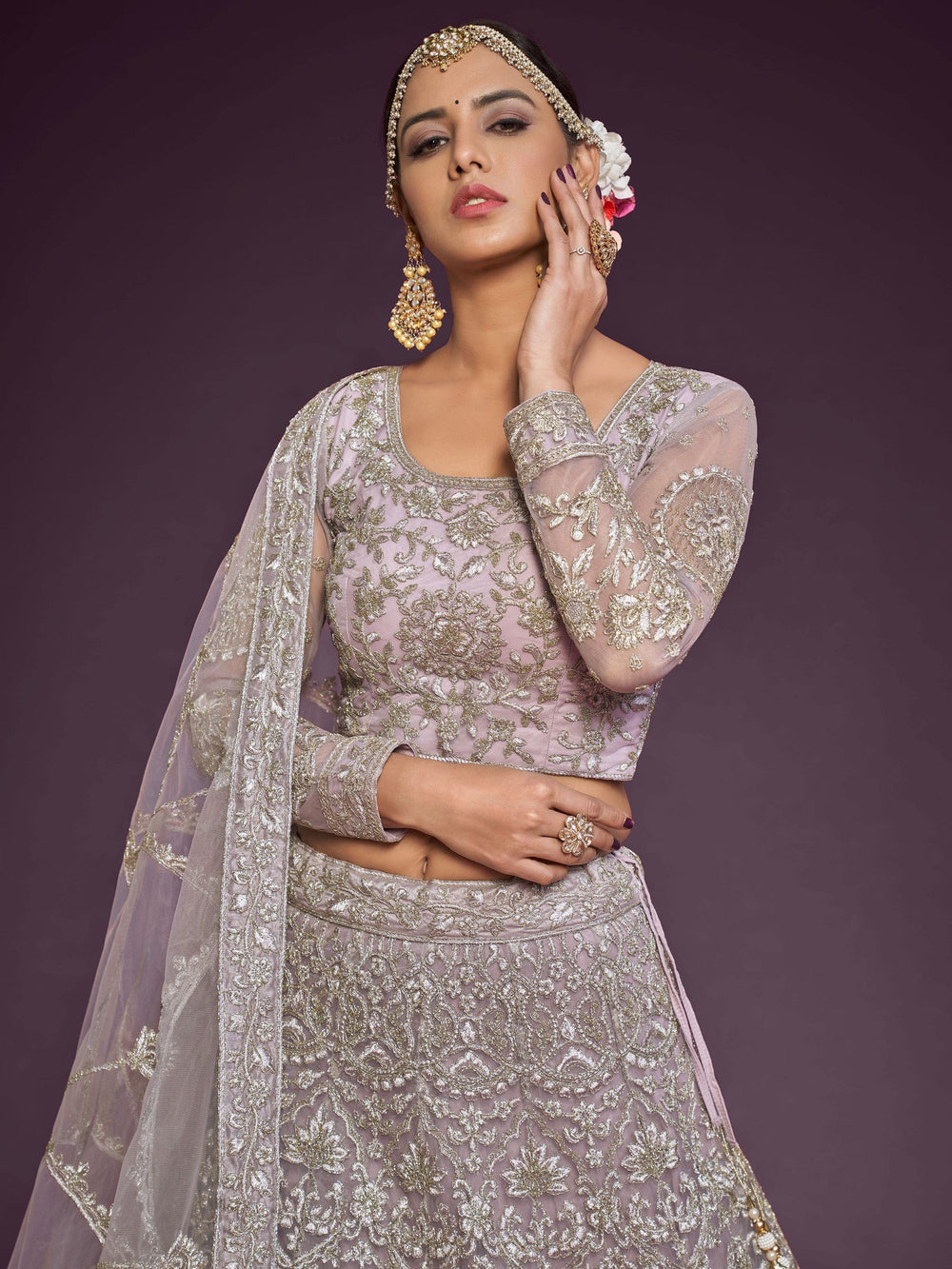 Beige Embroidered Soft Net Occasion Lehenga Choli for Women