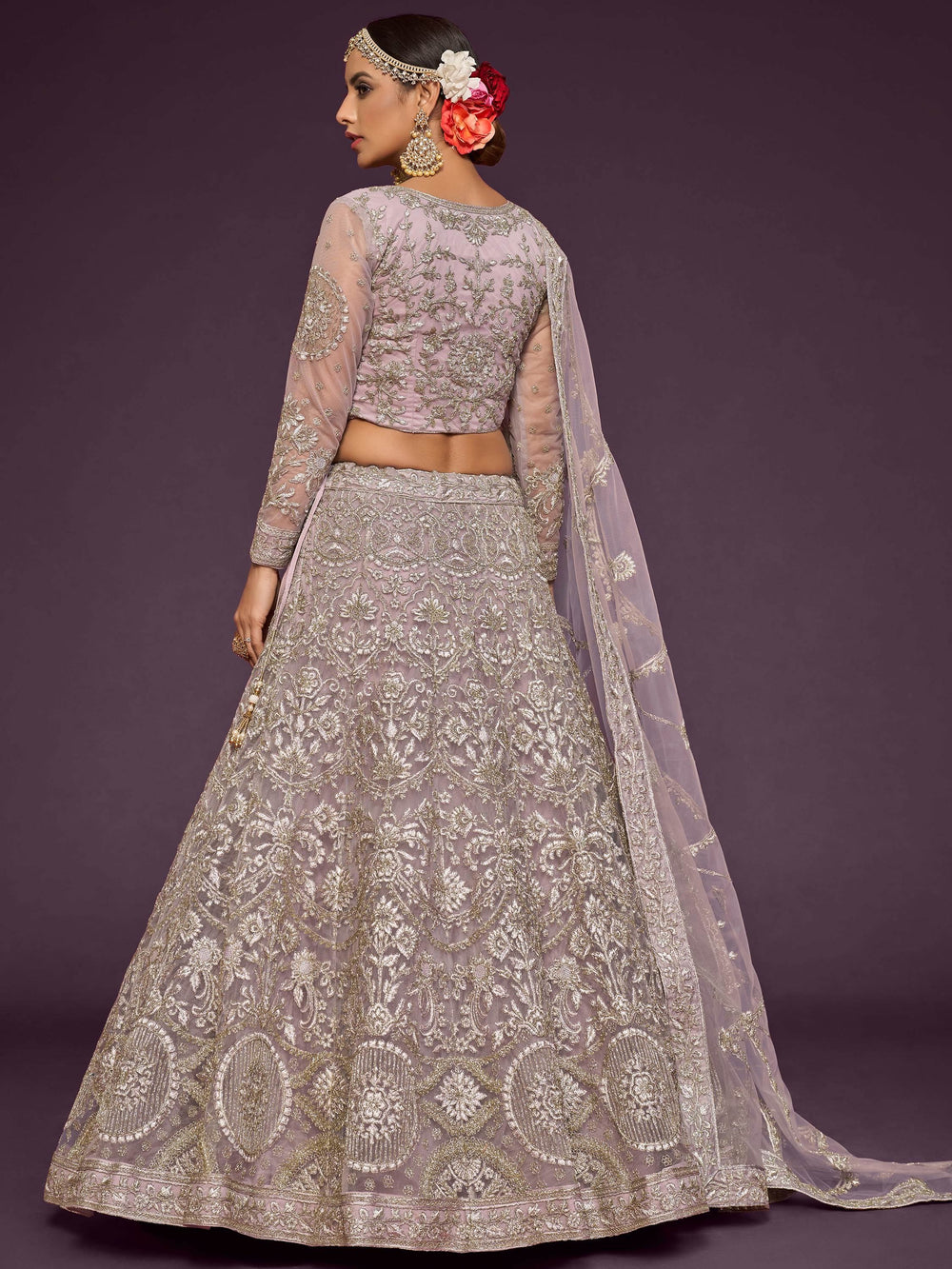 Beige Embroidered Soft Net Occasion Lehenga Choli for Women
