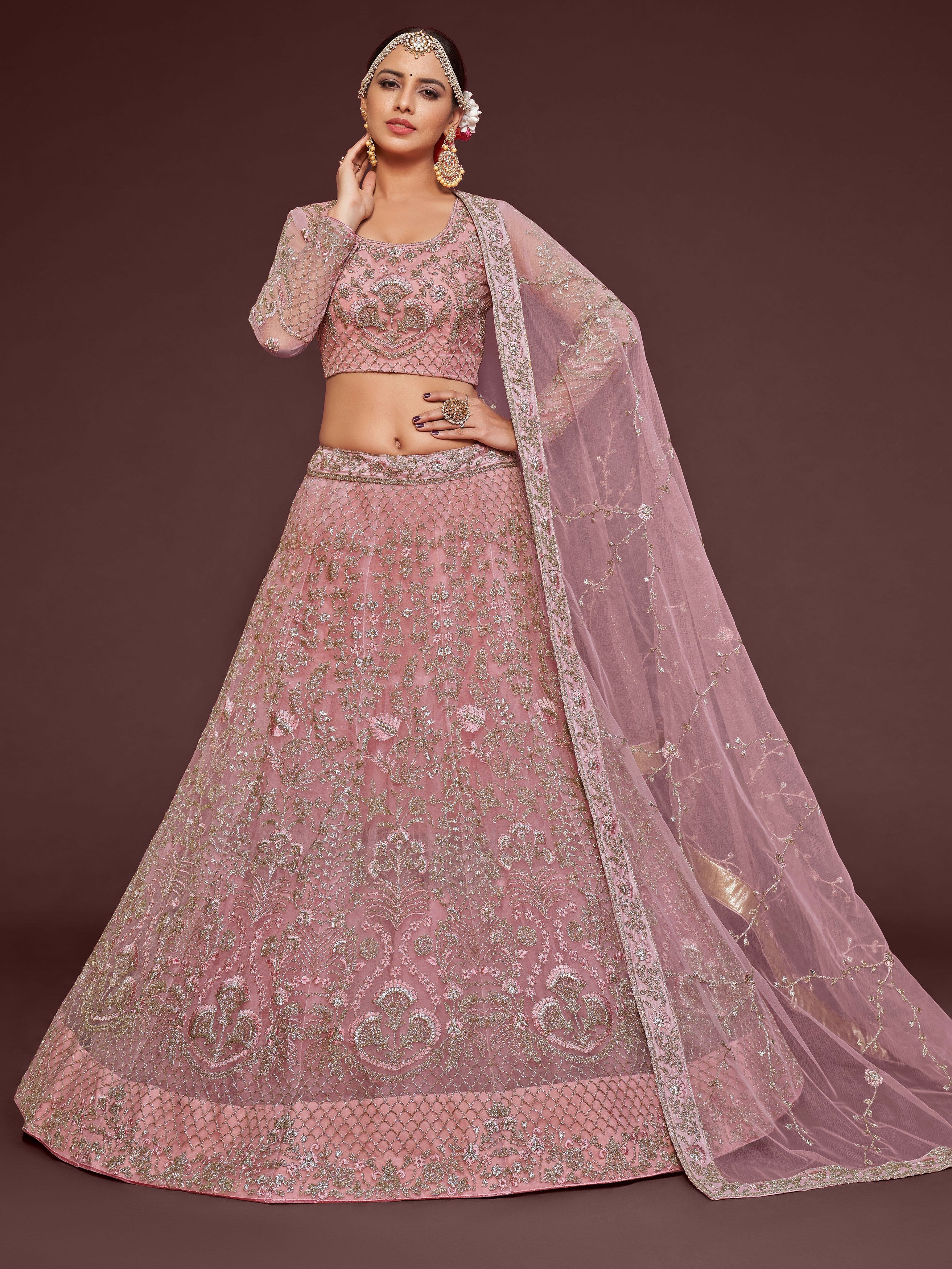 Light Pink Embroidered Soft Net Wedding Wear Lehenga Choli for Women