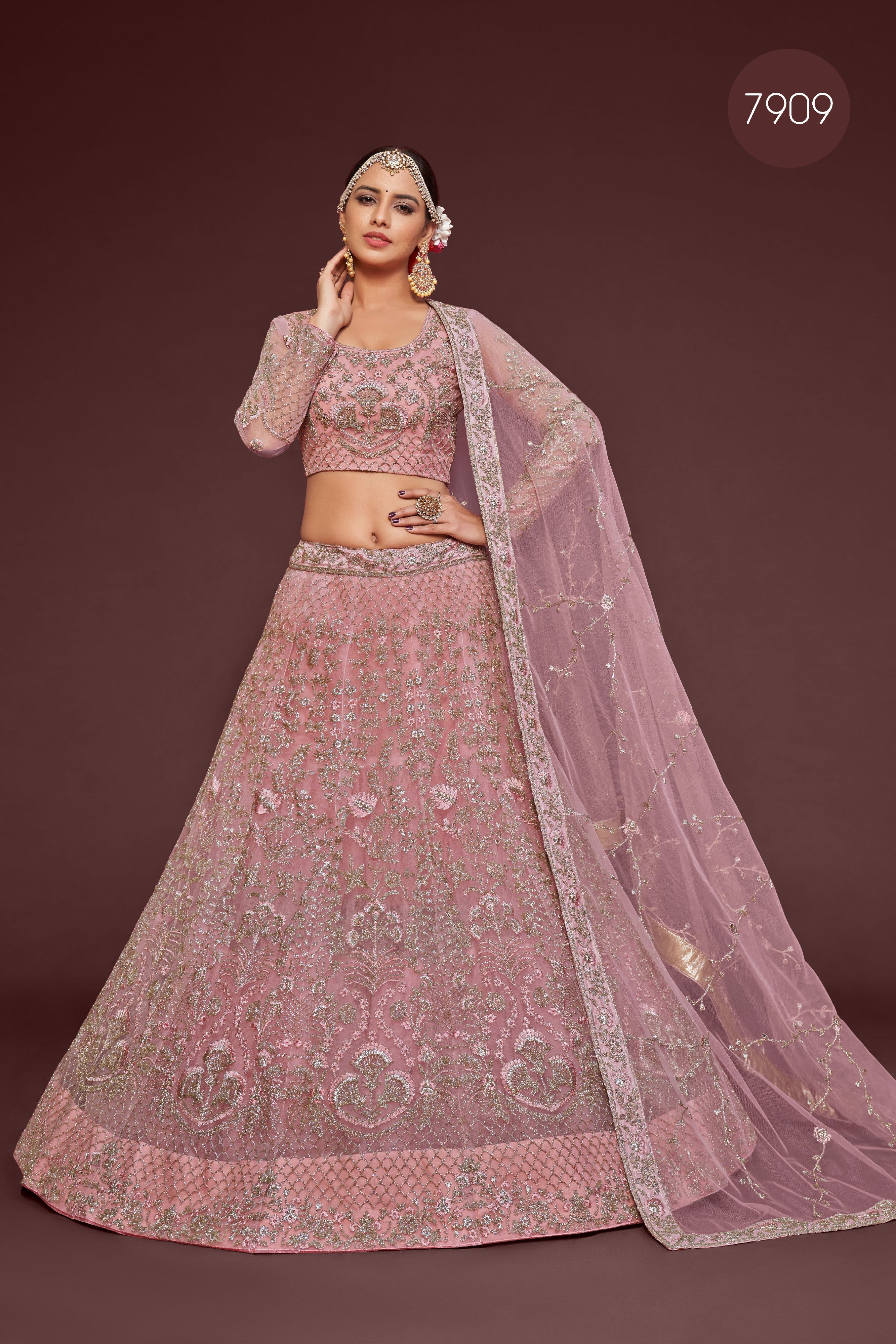 Light Pink Embroidered Soft Net Wedding Wear Lehenga Choli for Women