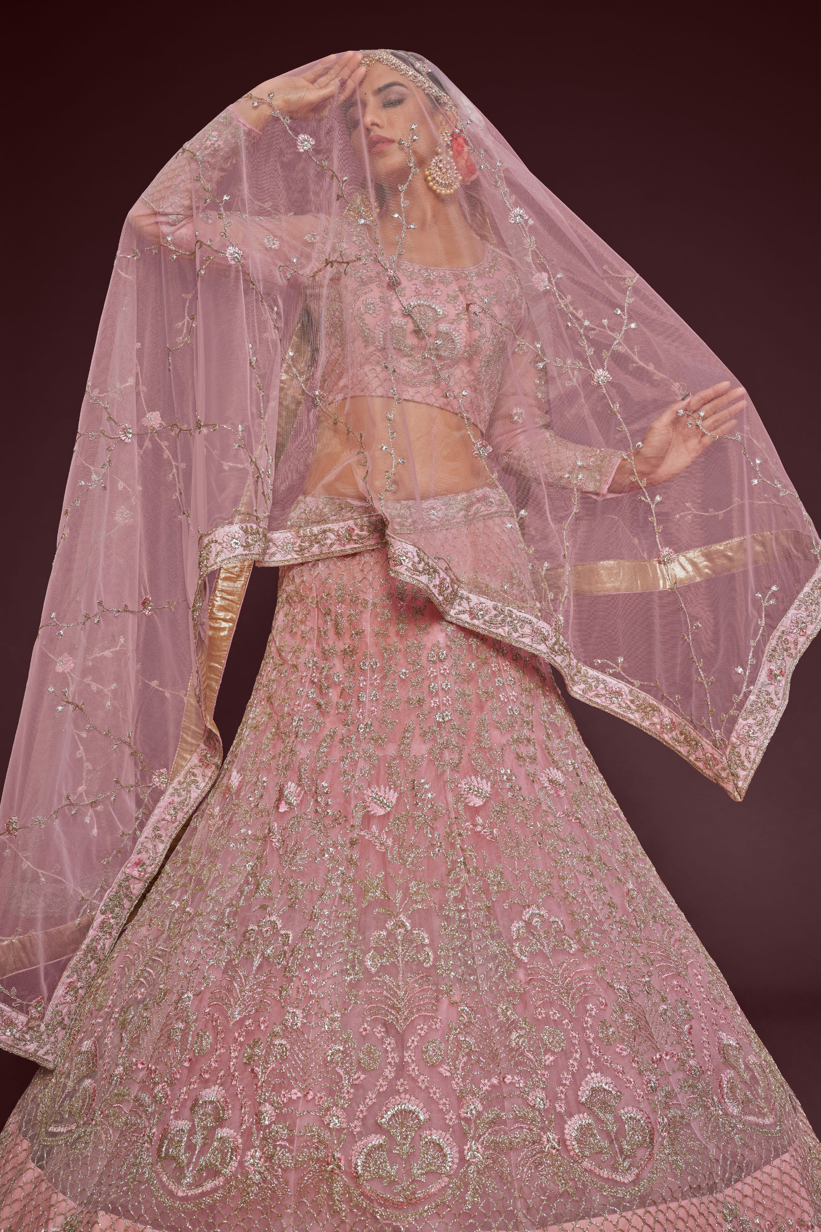 Light Pink Embroidered Soft Net Wedding Wear Lehenga Choli for Women