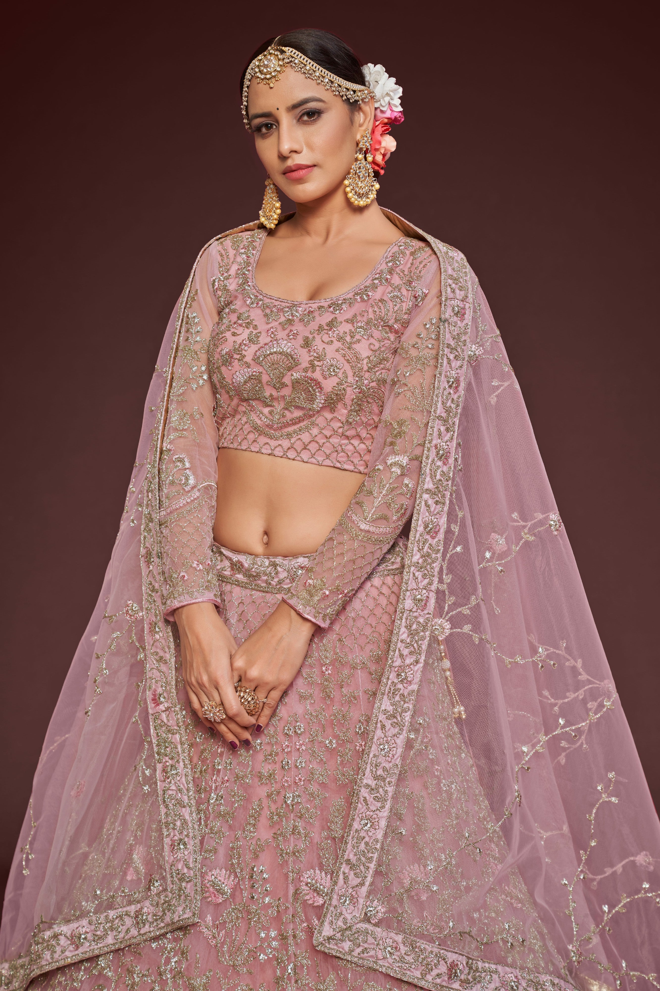 Light Pink Embroidered Soft Net Wedding Wear Lehenga Choli for Women