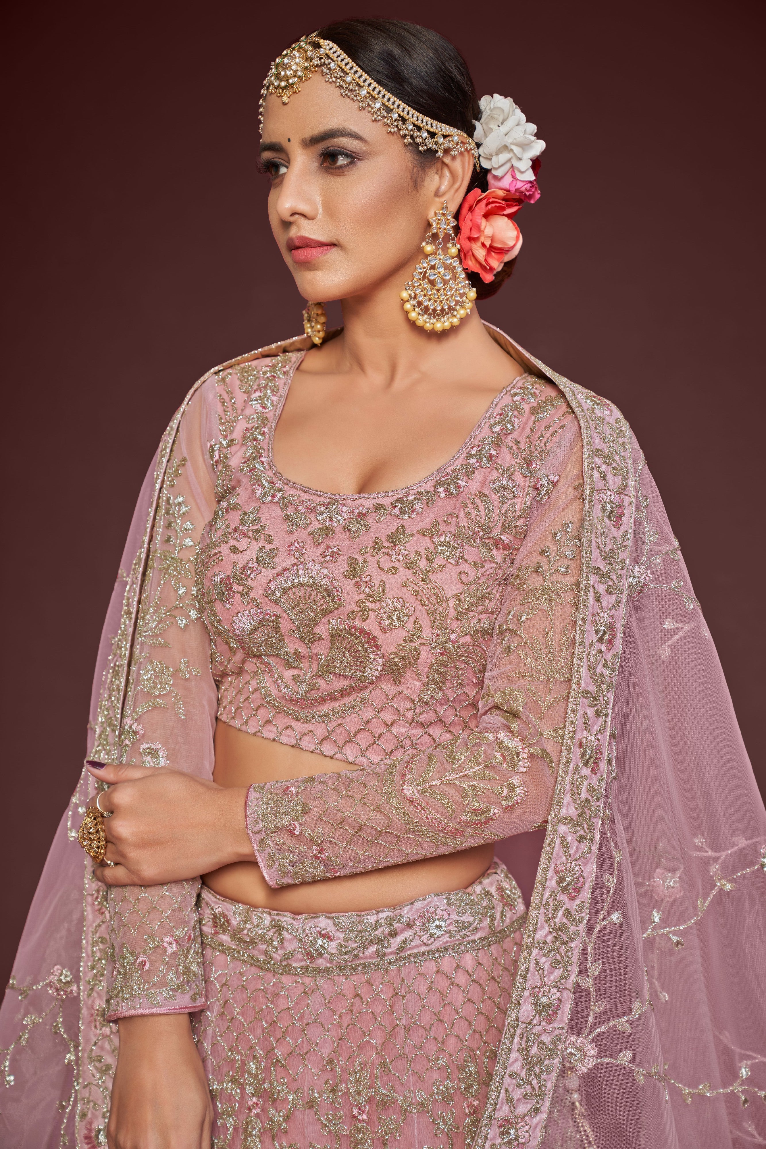 Light Pink Embroidered Soft Net Wedding Wear Lehenga Choli for Women