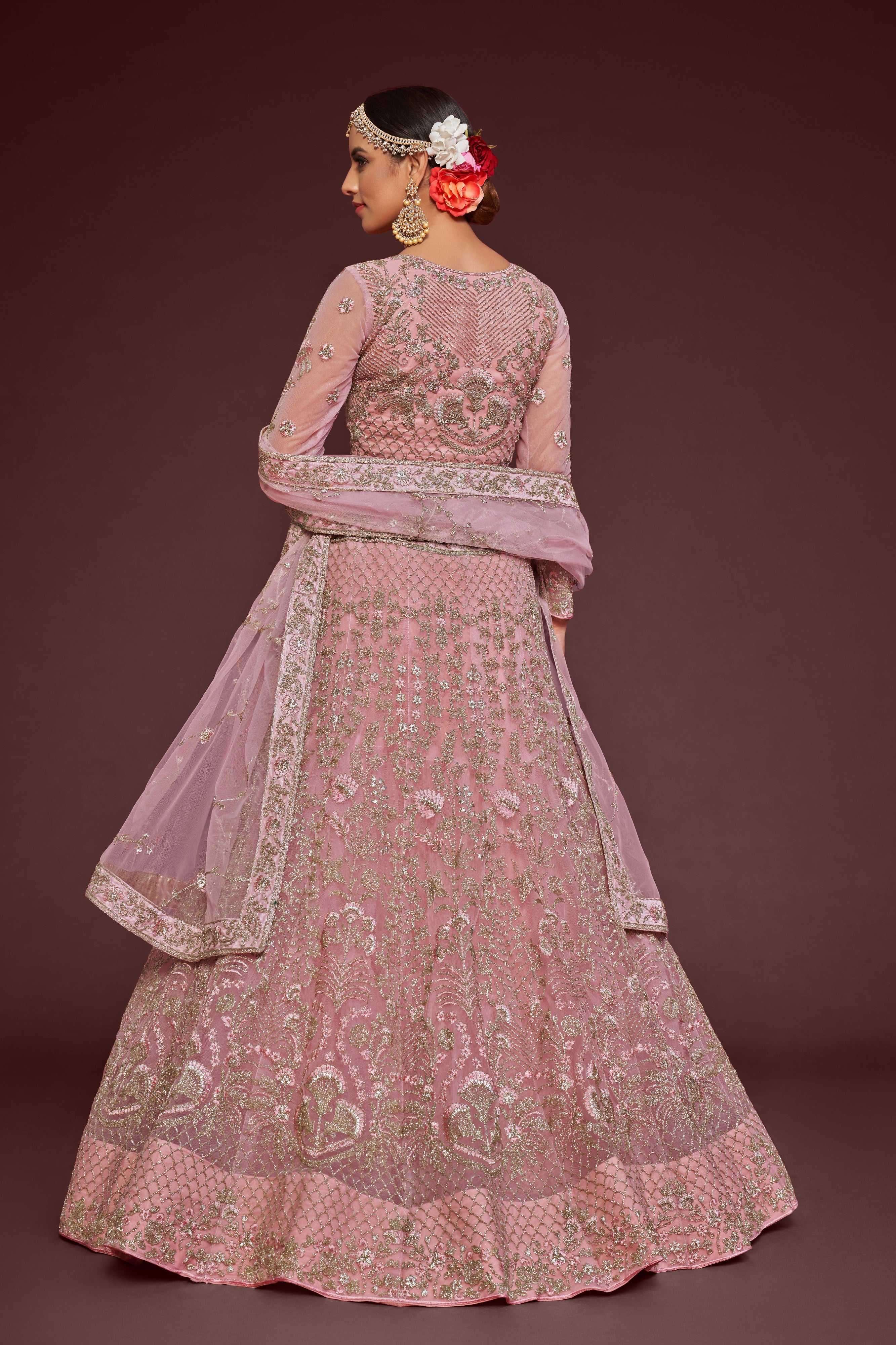 Light Pink Embroidered Soft Net Wedding Wear Lehenga Choli for Women