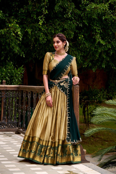 Cream Poly Cotton Zari Weaving Work Beautiful Lehenga Choli