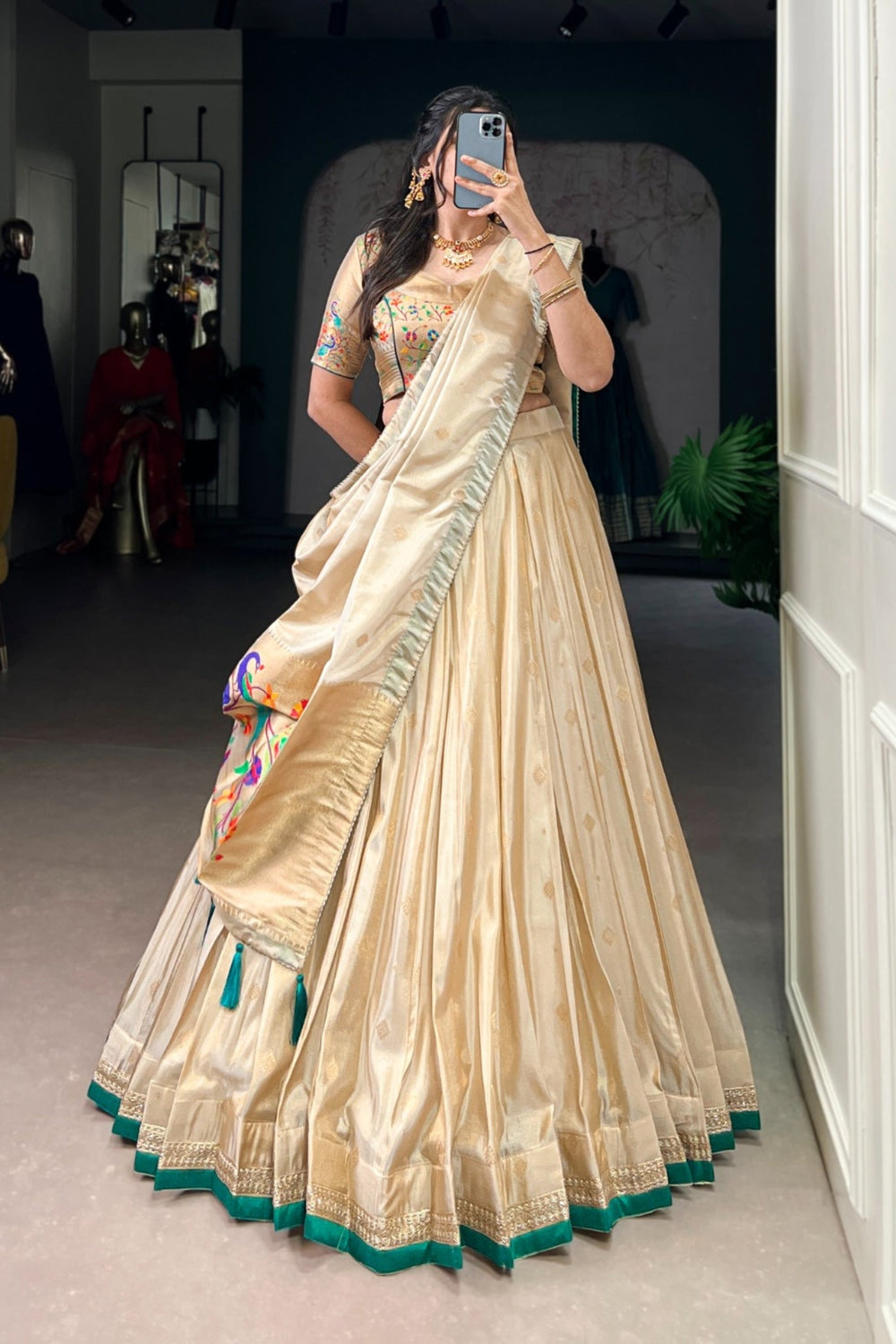 Battel Green Designer Paithani Zari Weaving Shimmer Lehenga Choli With Dupatta