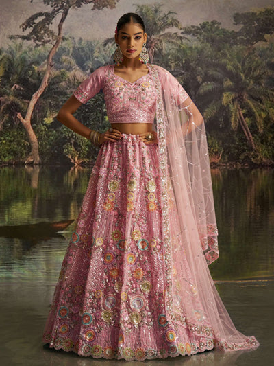 Pink Floral Embroidered Designer Lehenga Choli With Dupatta for Women