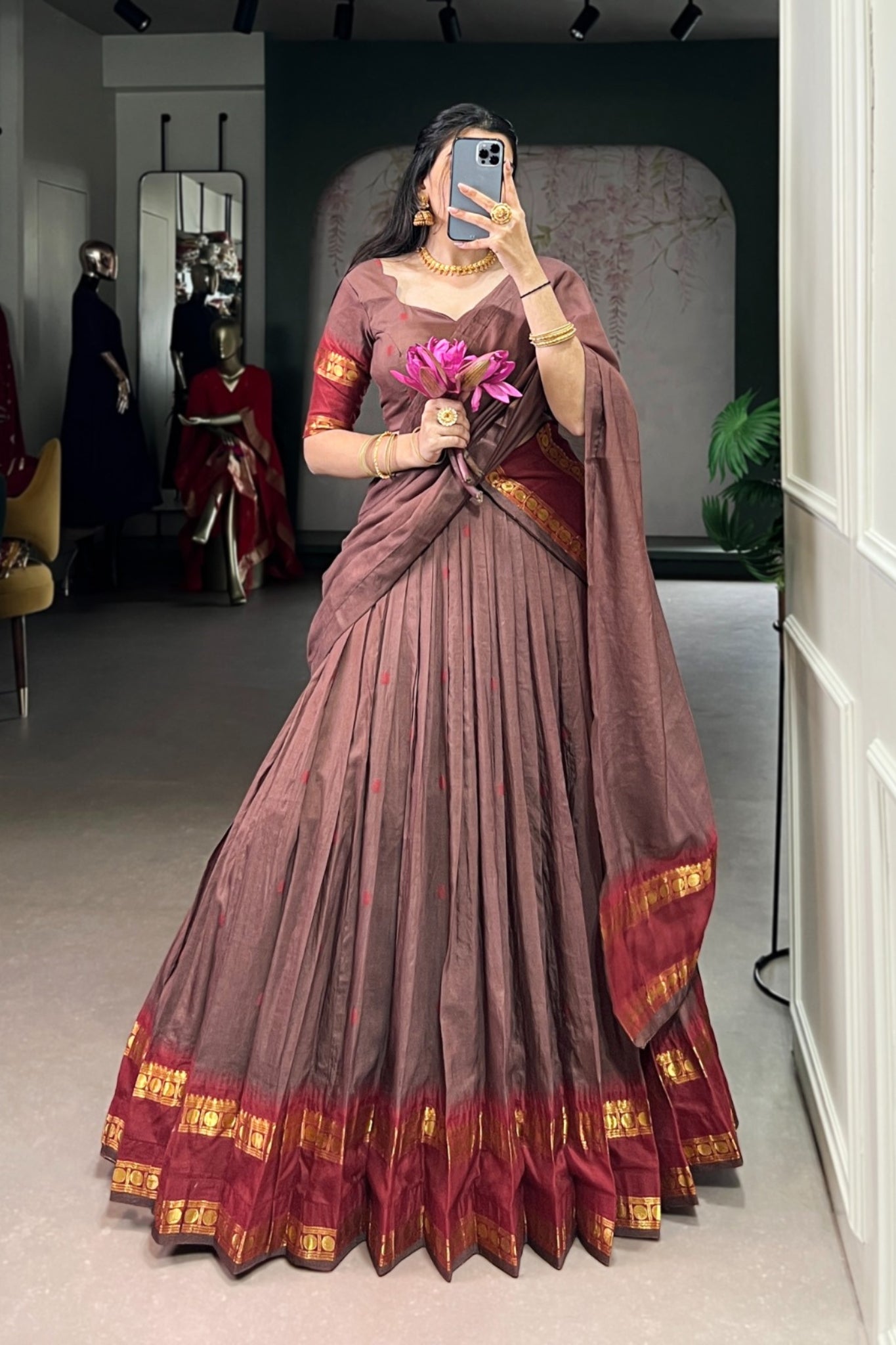 Cream Pure Chanderi Zari Weaving Work South Indian Lehenga Choli