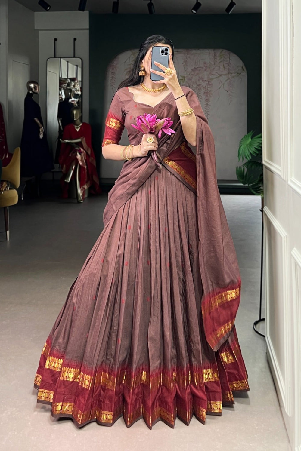 Cream Pure Chanderi Zari Weaving Work South Indian Lehenga Choli