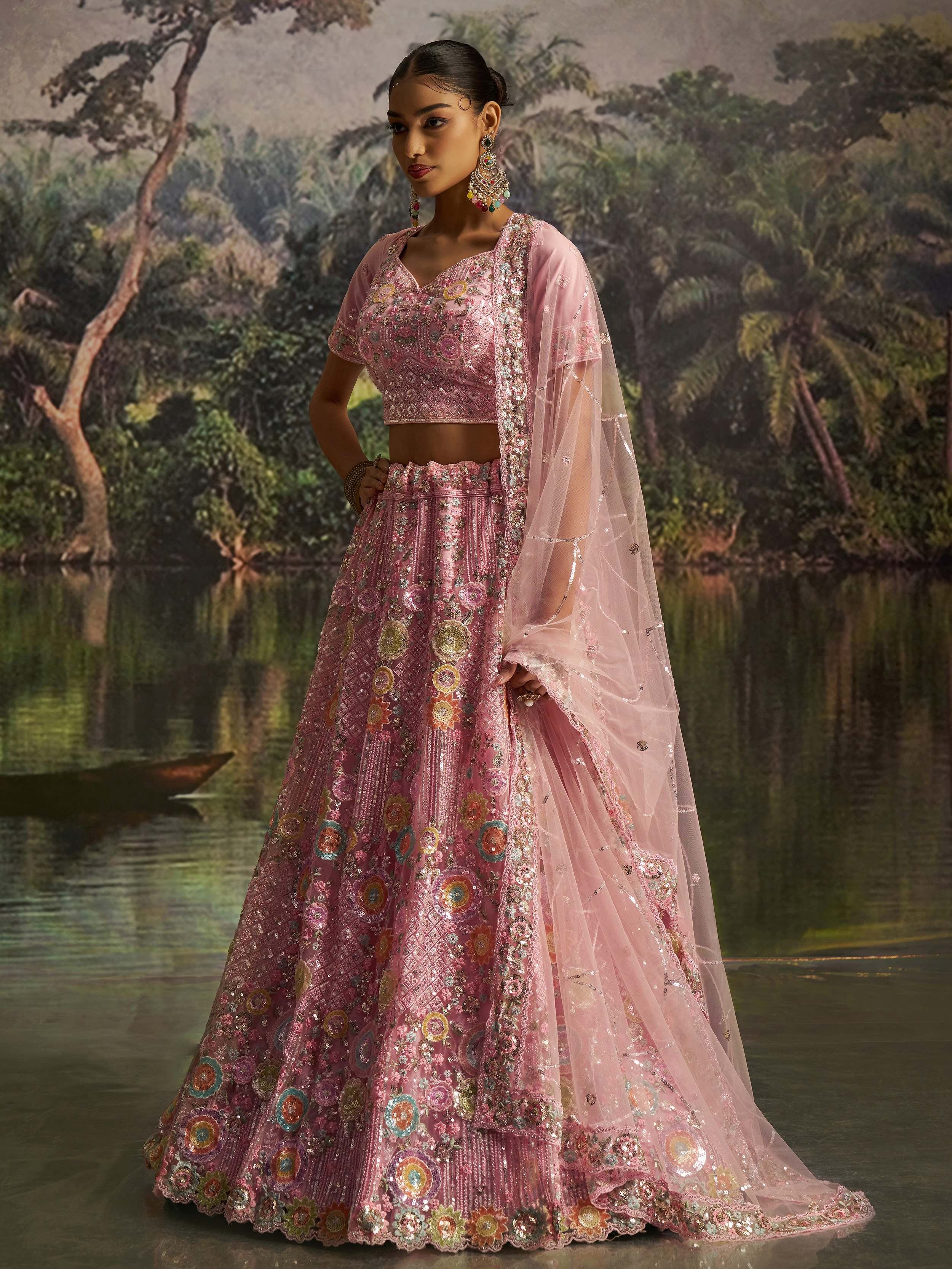 Pink Floral Embroidered Designer Lehenga Choli With Dupatta for Women