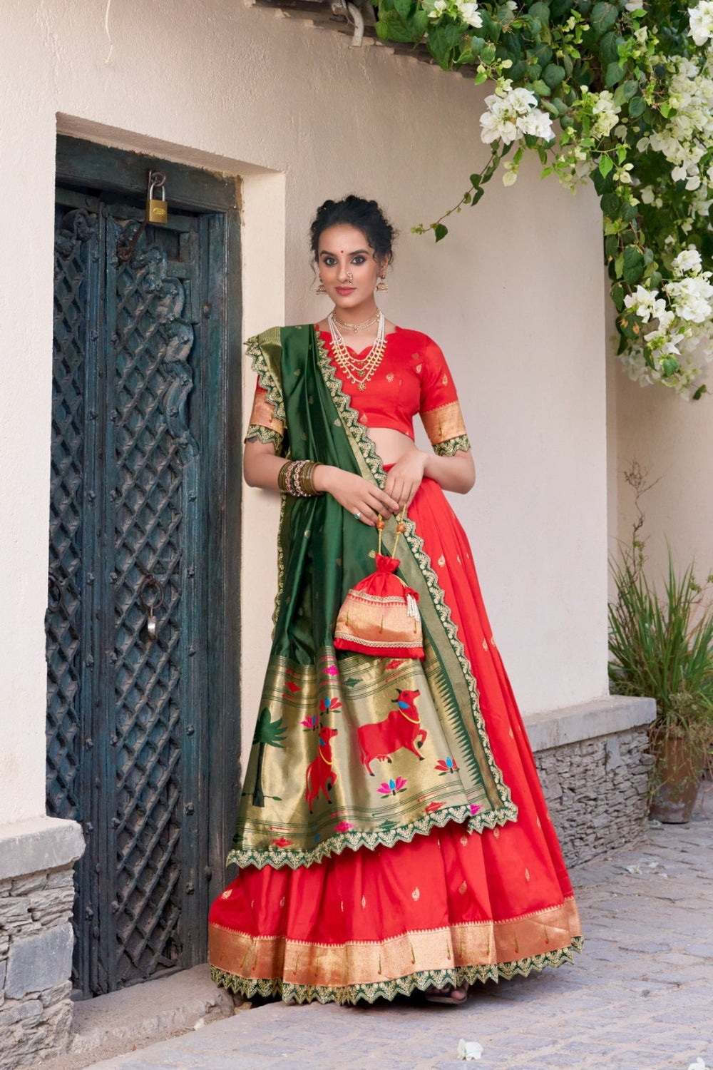 Pink Traditional Paithani Jacquard Sik Lehenga Set For Wedding