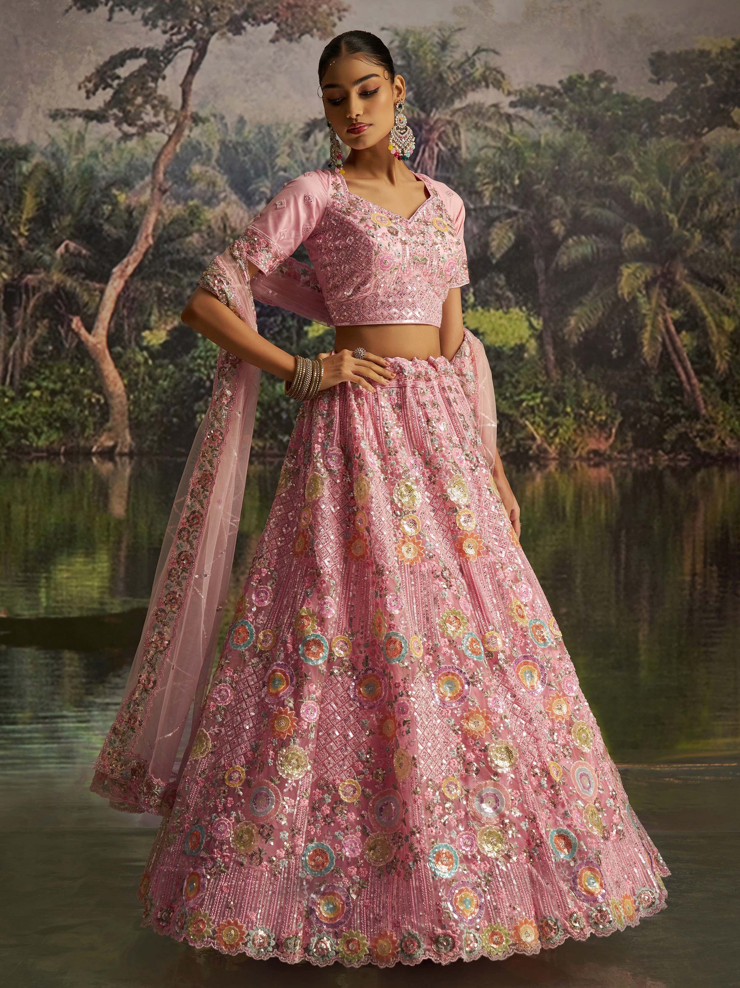 Pink Floral Embroidered Designer Lehenga Choli With Dupatta for Women