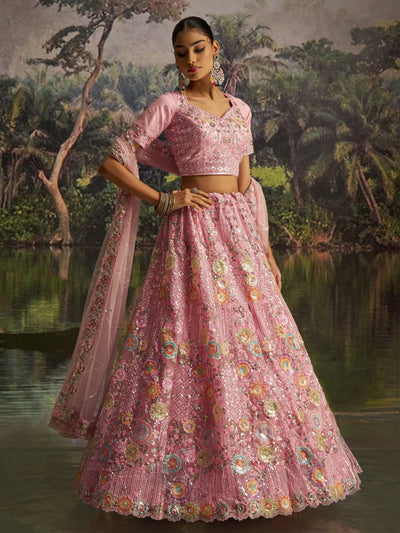 Pink Floral Embroidered Designer Lehenga Choli With Dupatta for Women