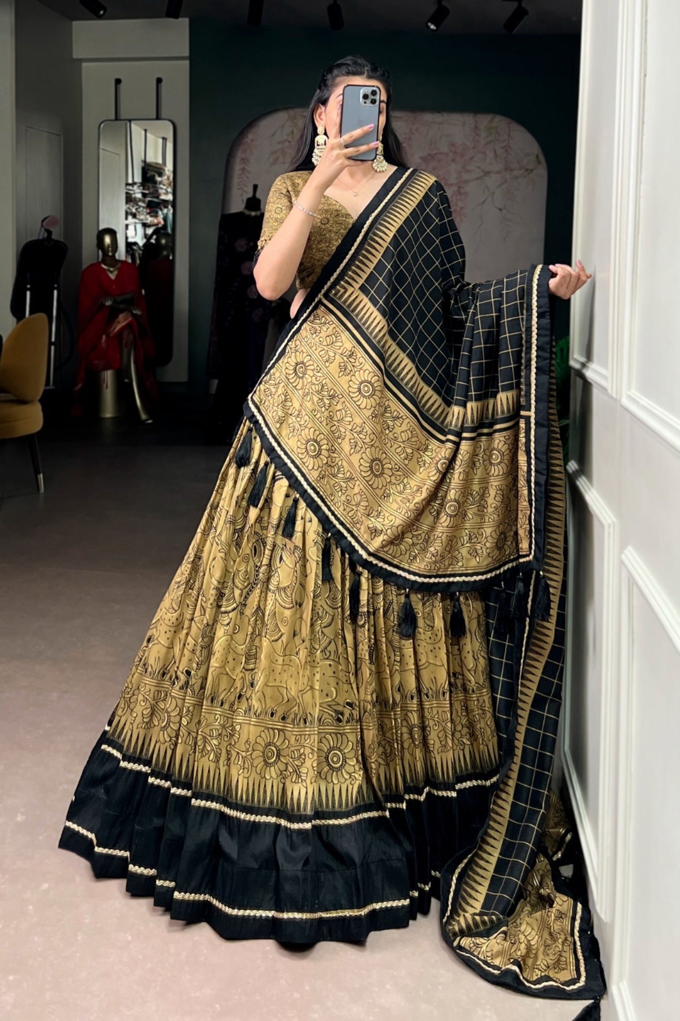 Maroon Festive Kalamkari Printed Tasar Silk Lehenga Choli With Dupatta