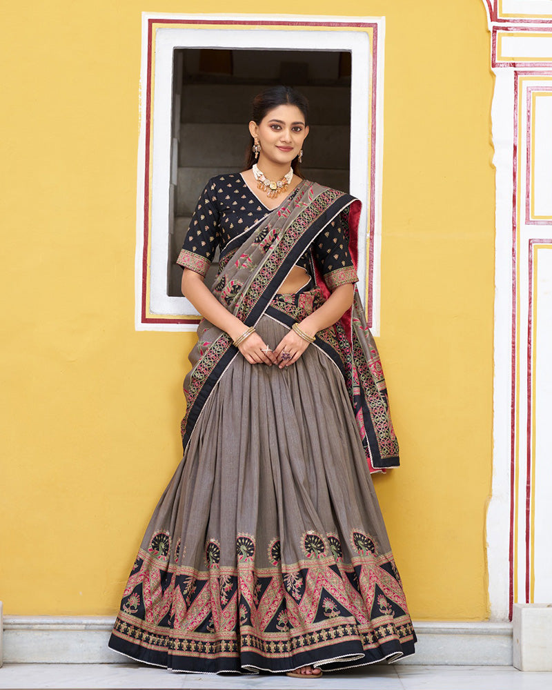 Black Tasar Silk Printed Sparkle Designer Lehenga Choli Set