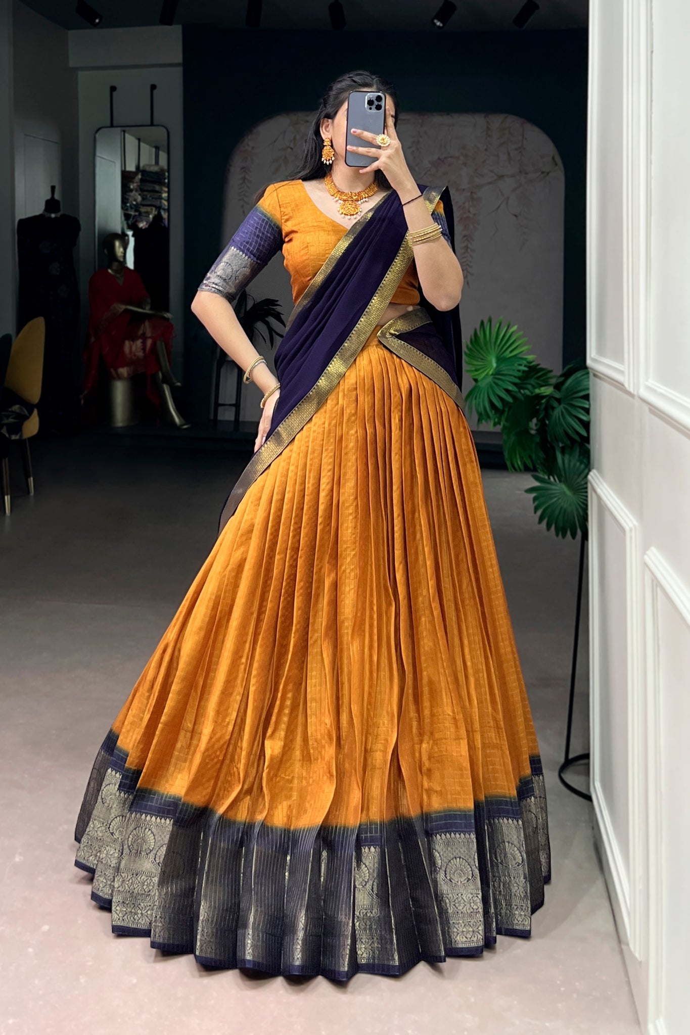 Mustard Zari Weaving Embroidered Festive Lehenga Choli for Women