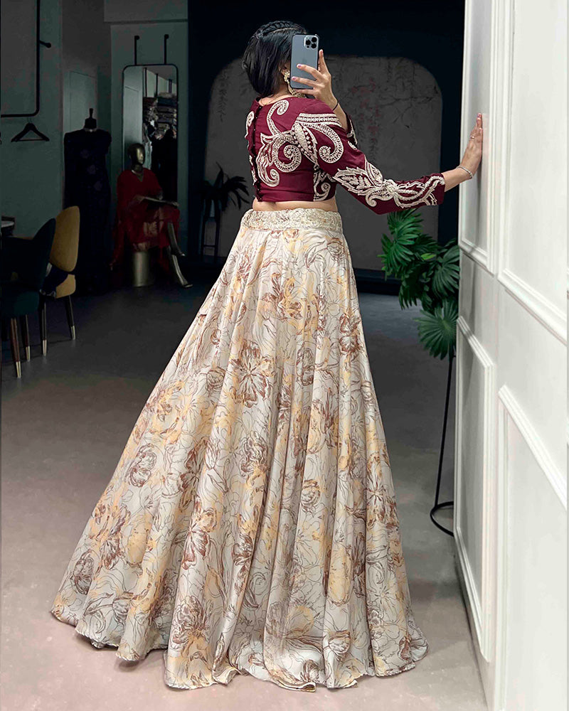 Cream Eye Catching Tussar Silk Printed Embroidered Lehenga Choli for Women