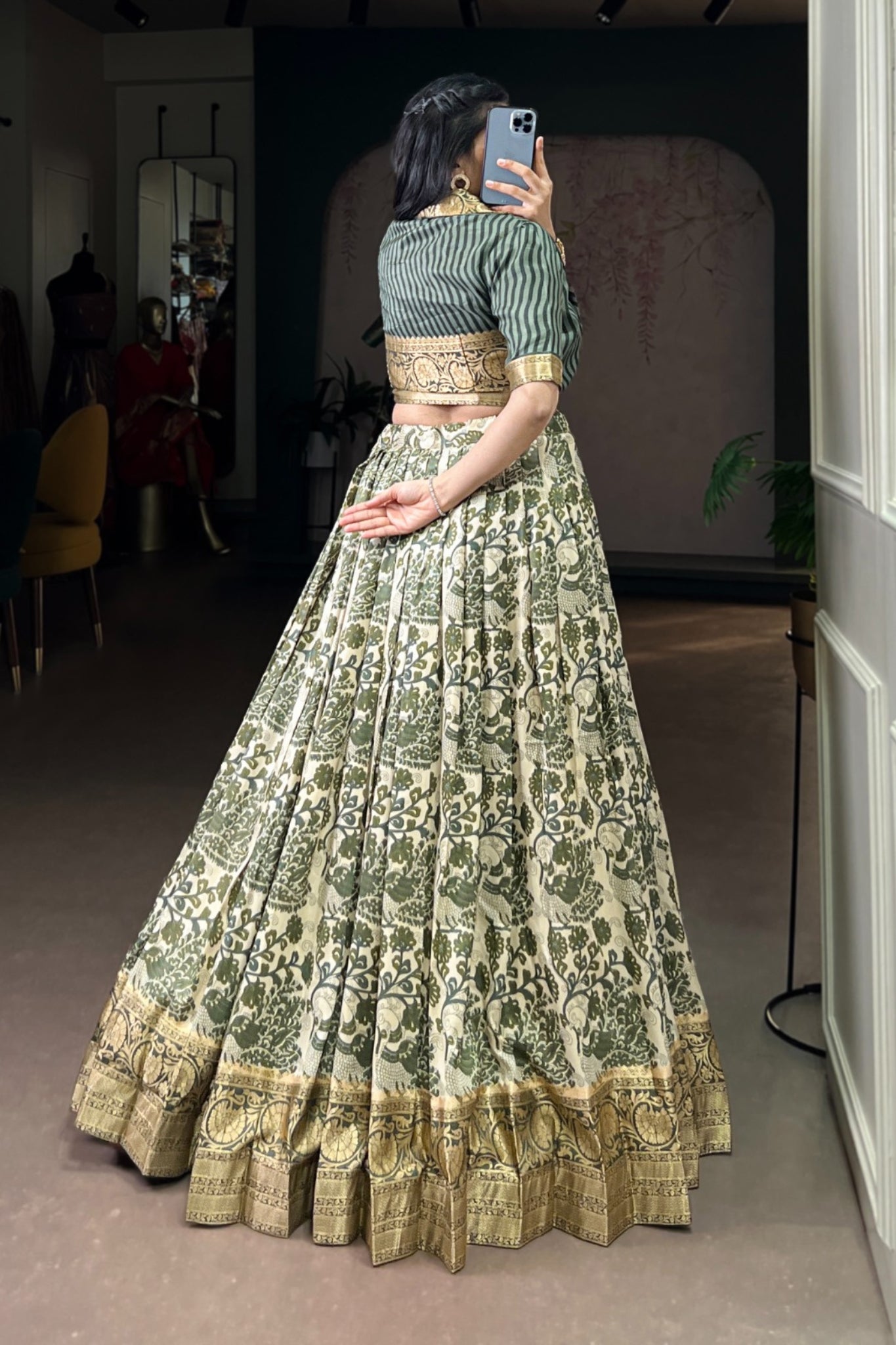 Mehndi Handcrafted Tasar Silk Printed With Viscose Border Lehenga Choli
