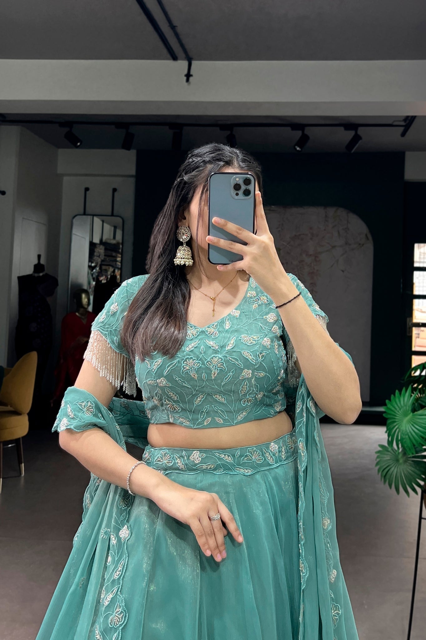 Sea Green Beads Thread Embroidered Wedding Lehenga Choli for Women