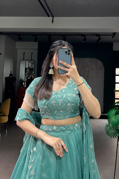 Sea Green Beads Thread Embroidered Wedding Lehenga Choli for Women
