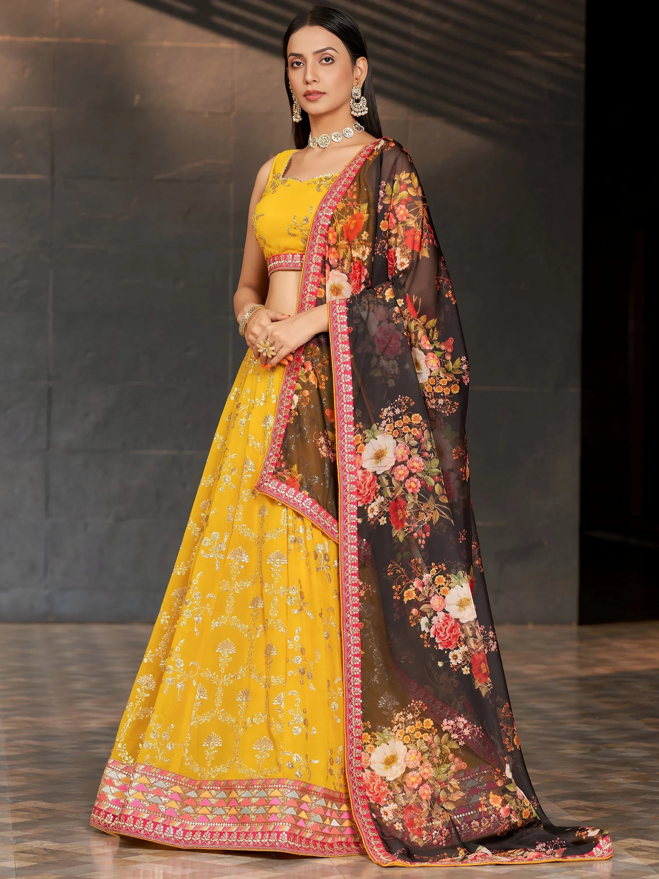 Yellow Sequins Georgette Haldi Lehenga Choli for Ladies