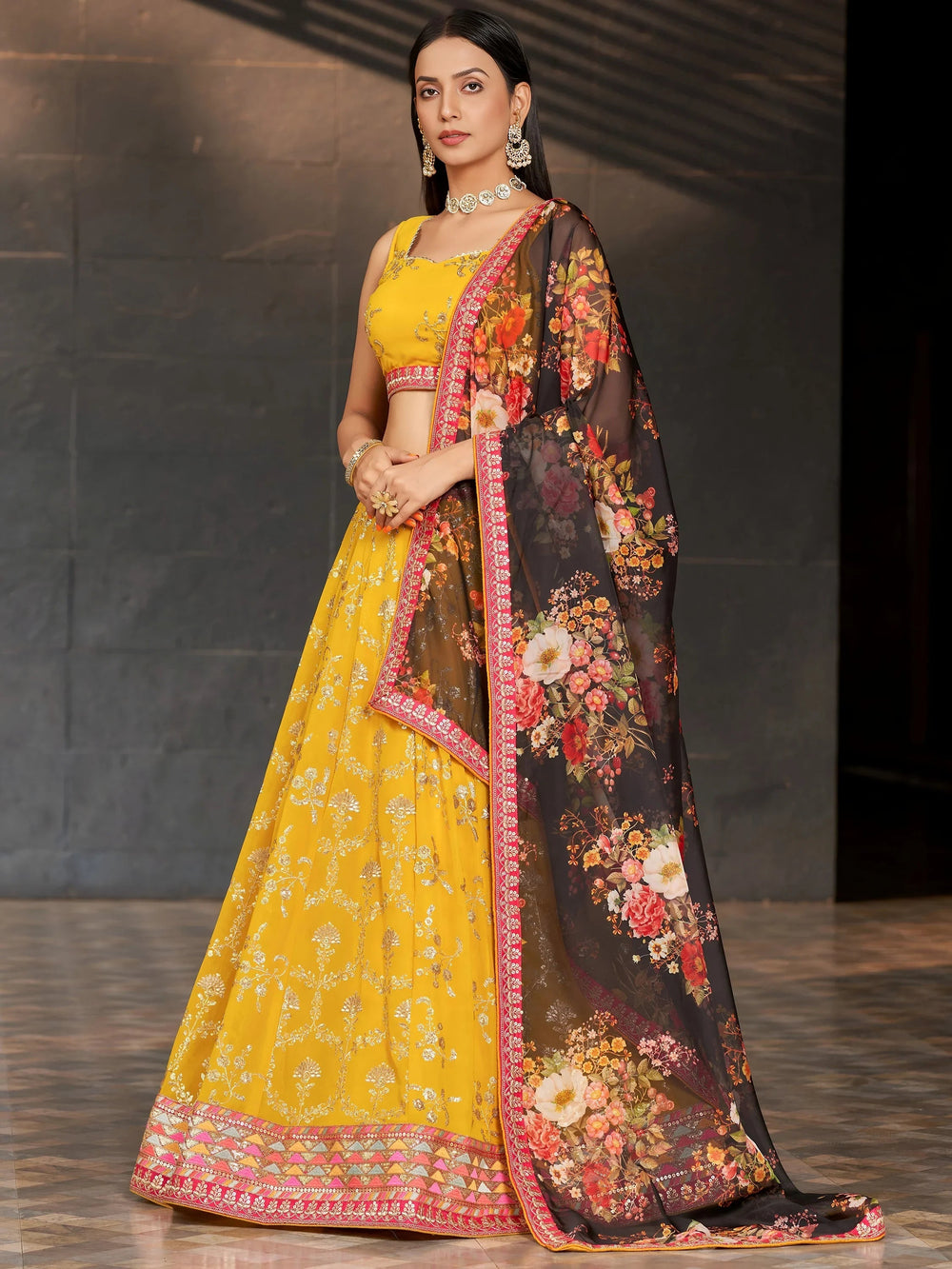 Yellow Sequins Georgette Haldi Lehenga Choli for Ladies