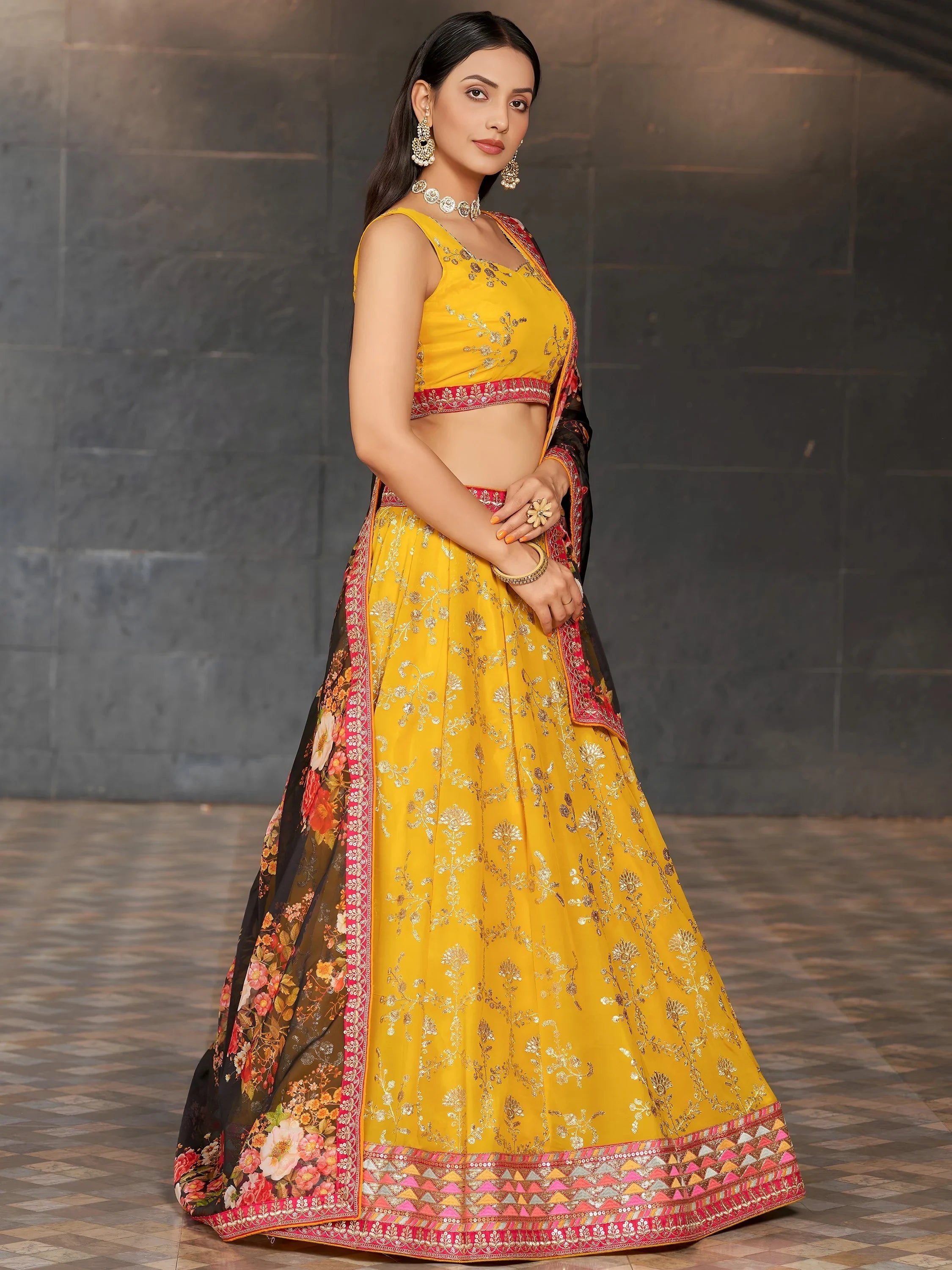 Yellow Sequins Georgette Haldi Lehenga Choli for Ladies
