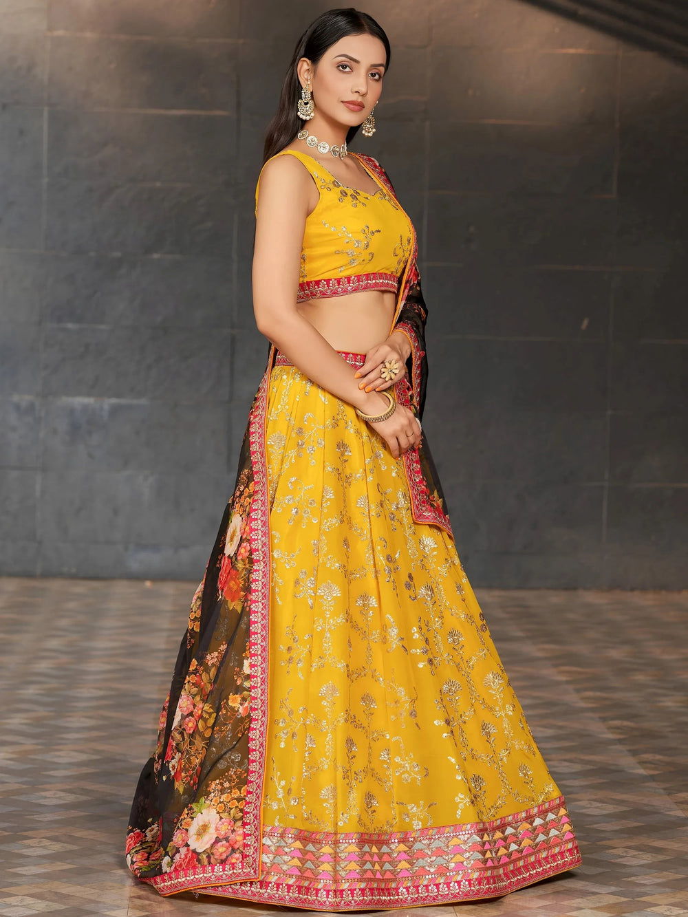 Yellow Sequins Georgette Haldi Lehenga Choli for Ladies