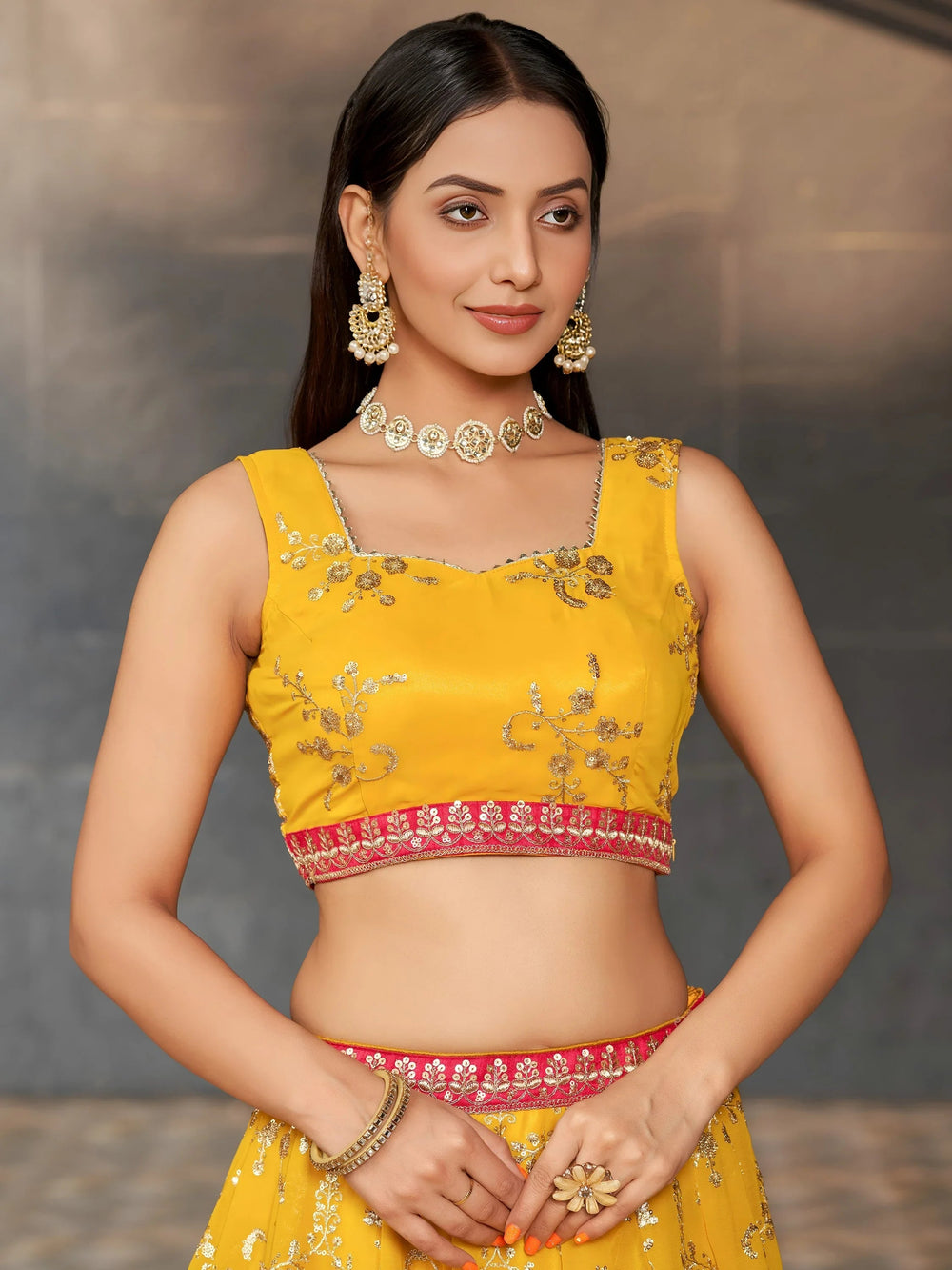Yellow Sequins Georgette Haldi Lehenga Choli for Ladies