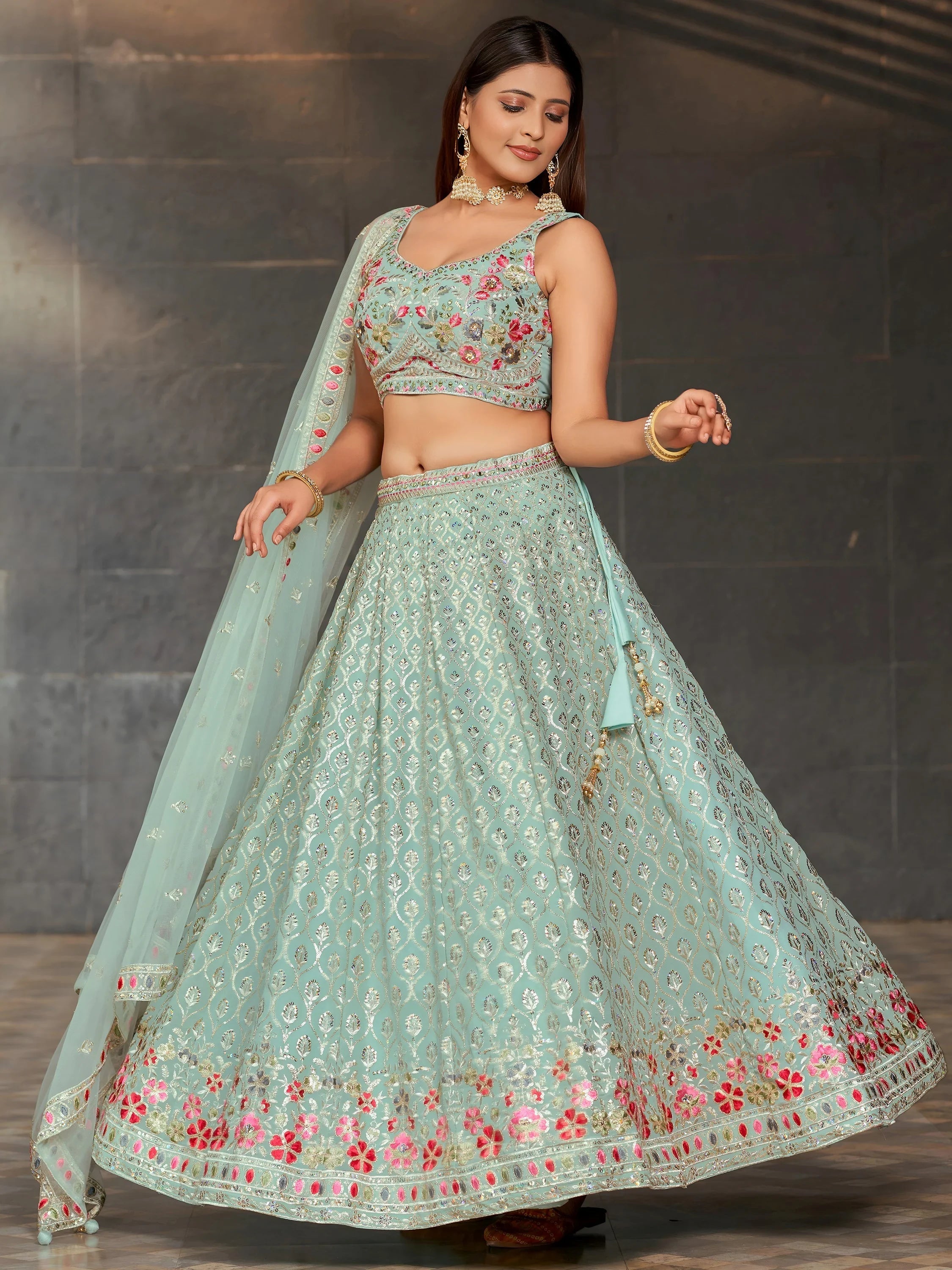 Sky-Blue Sequins Georgette Engagement Lehenga Choli for Women