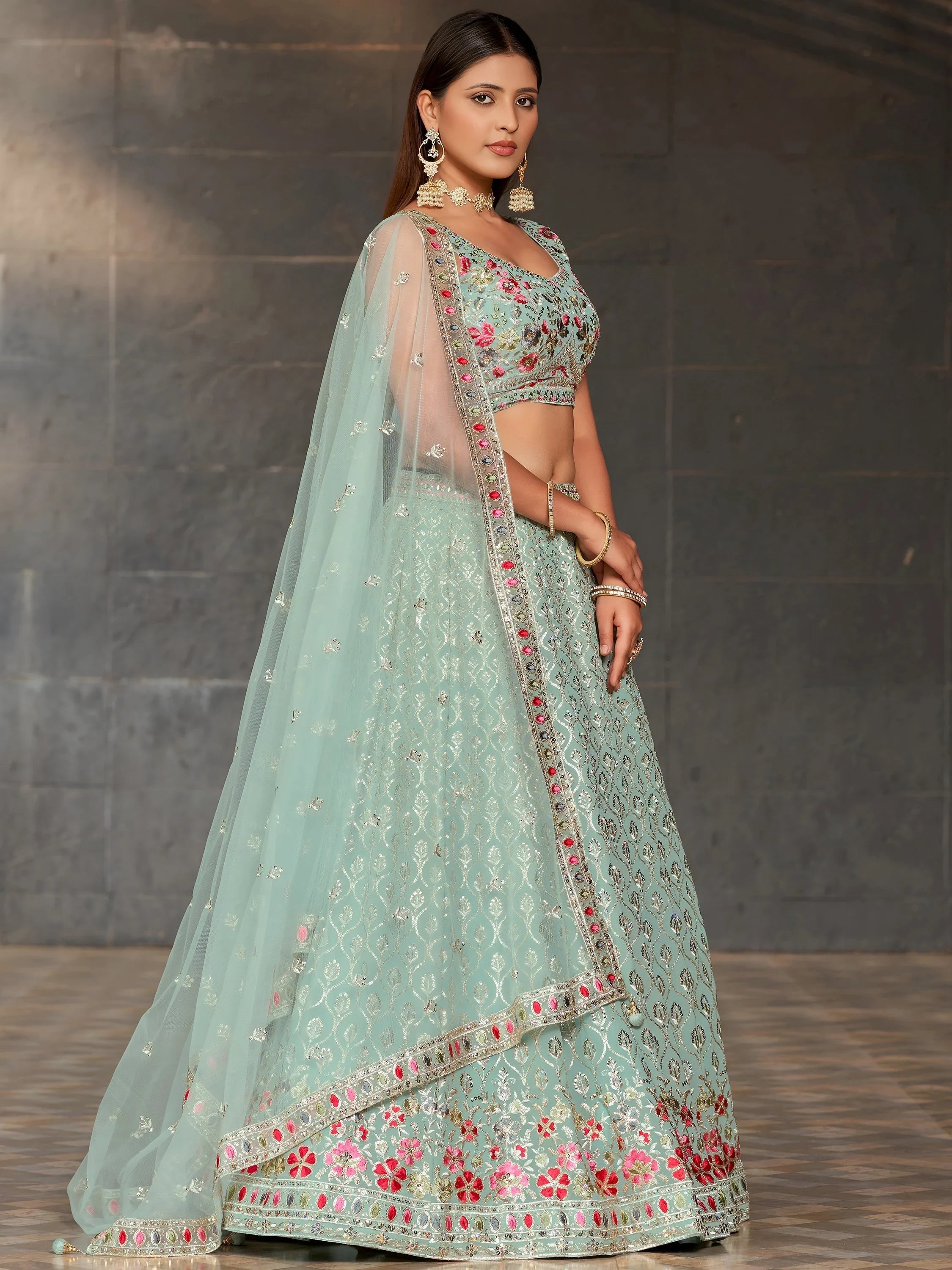 Sky-Blue Sequins Georgette Engagement Lehenga Choli for Women