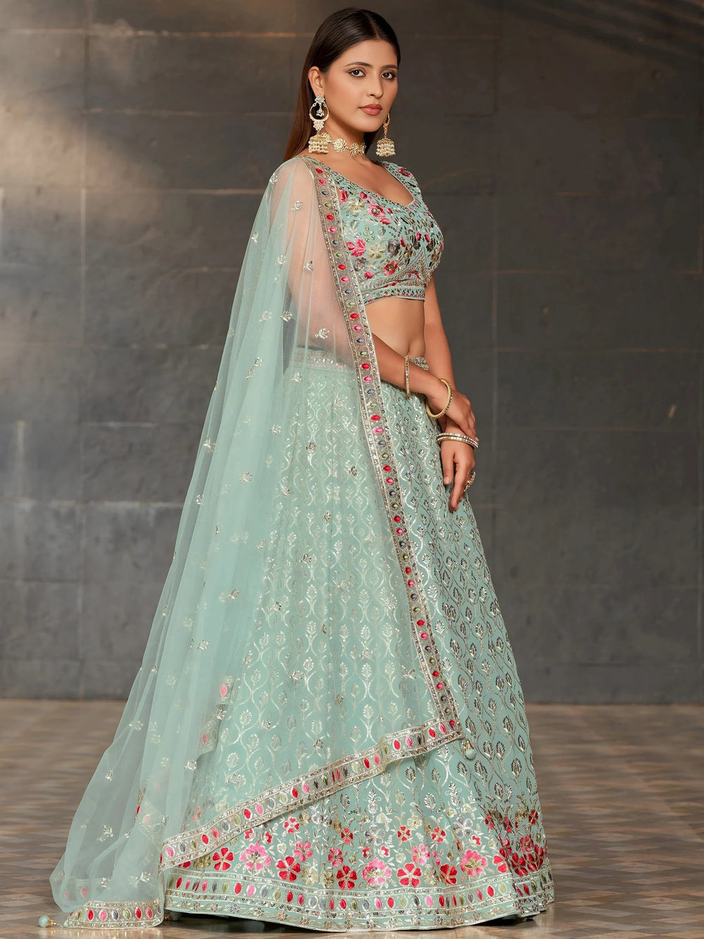 Sky-Blue Sequins Georgette Engagement Lehenga Choli for Women