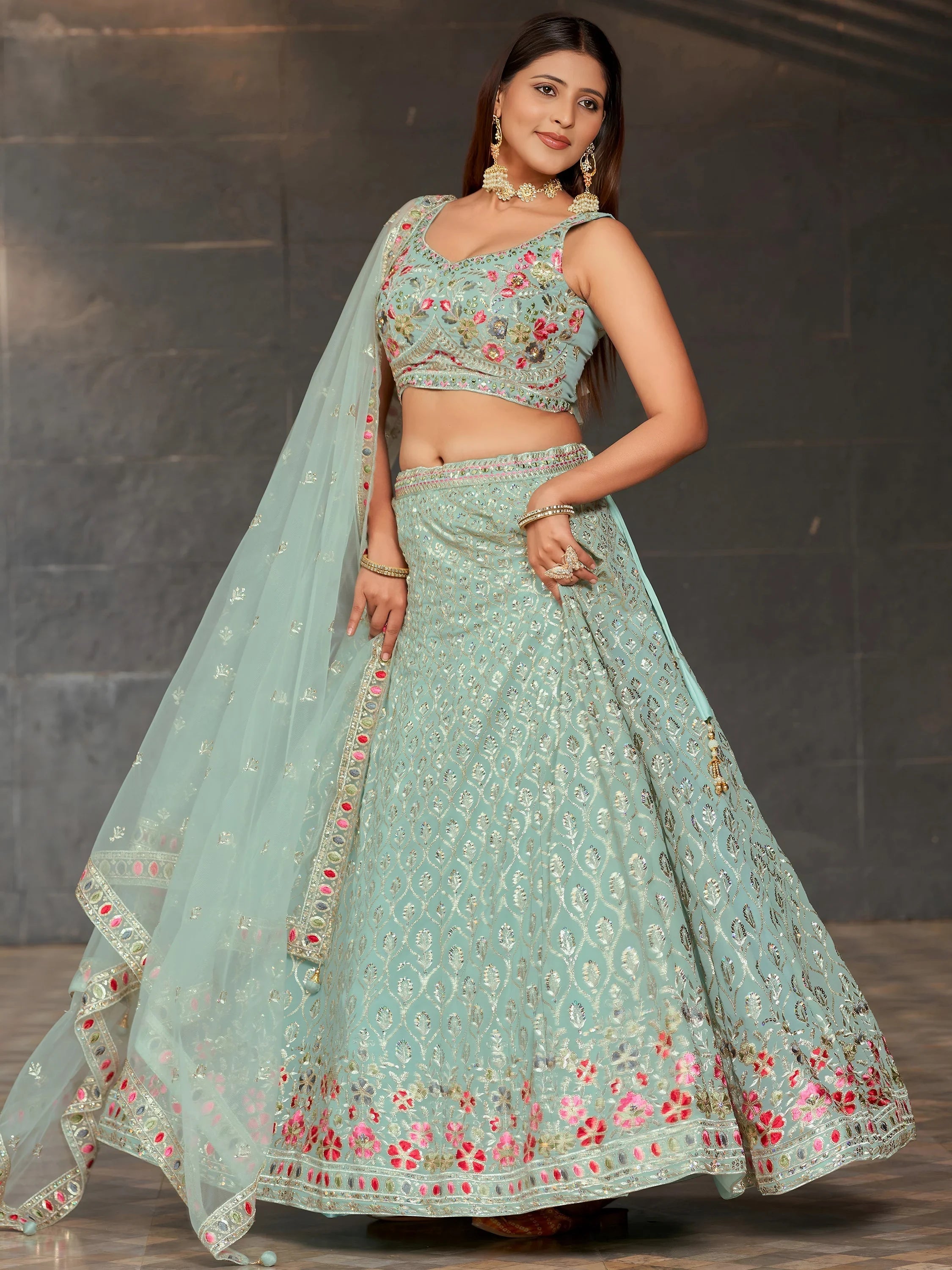 Sky-Blue Sequins Georgette Engagement Lehenga Choli for Women