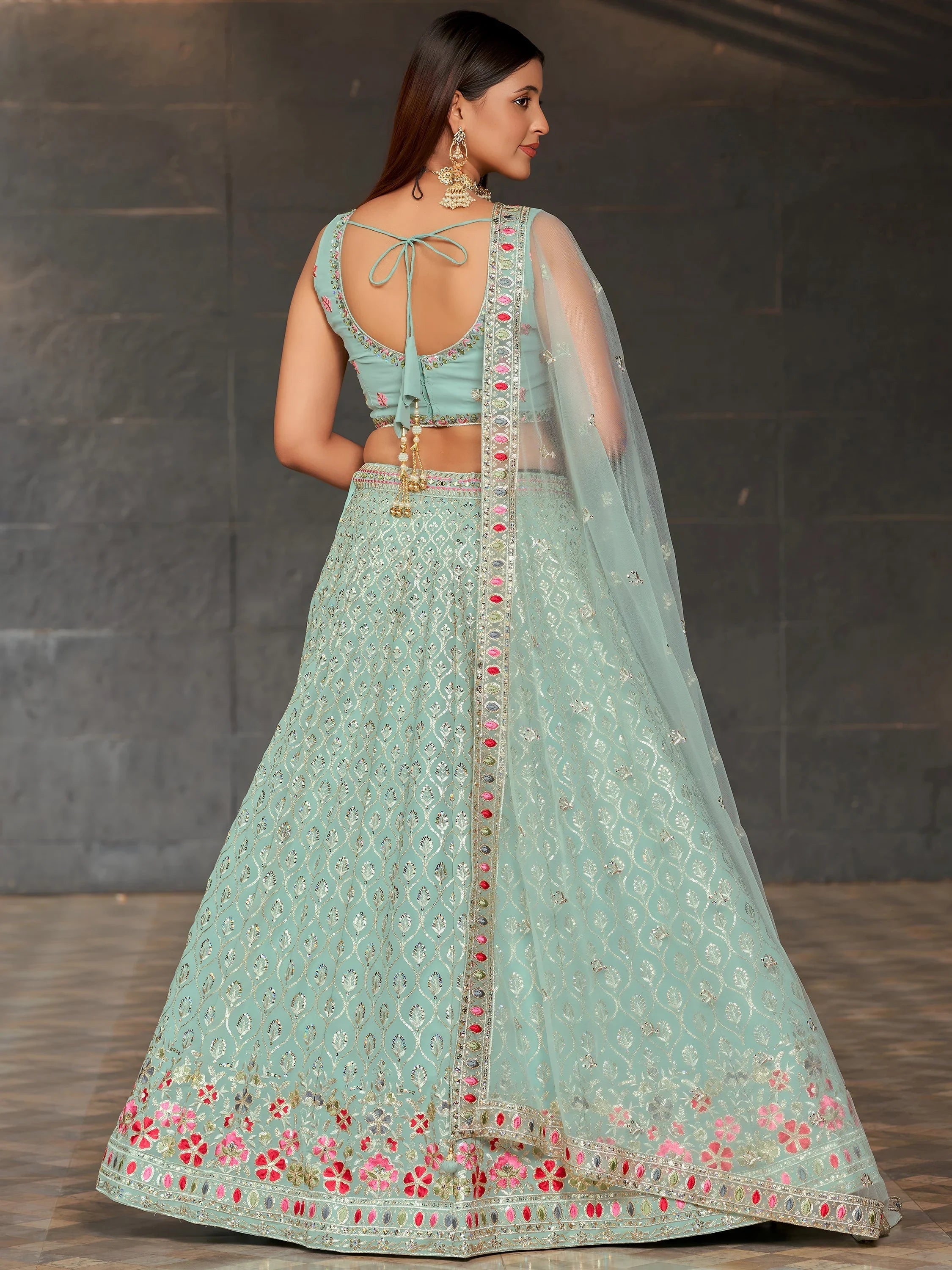 Sky-Blue Sequins Georgette Engagement Lehenga Choli for Women