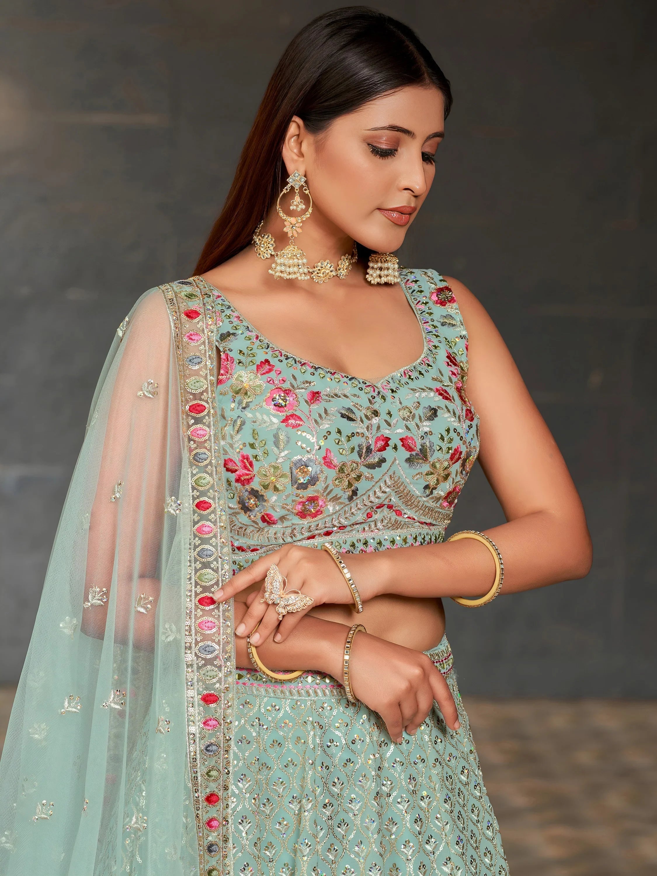 Sky-Blue Sequins Georgette Engagement Lehenga Choli for Women