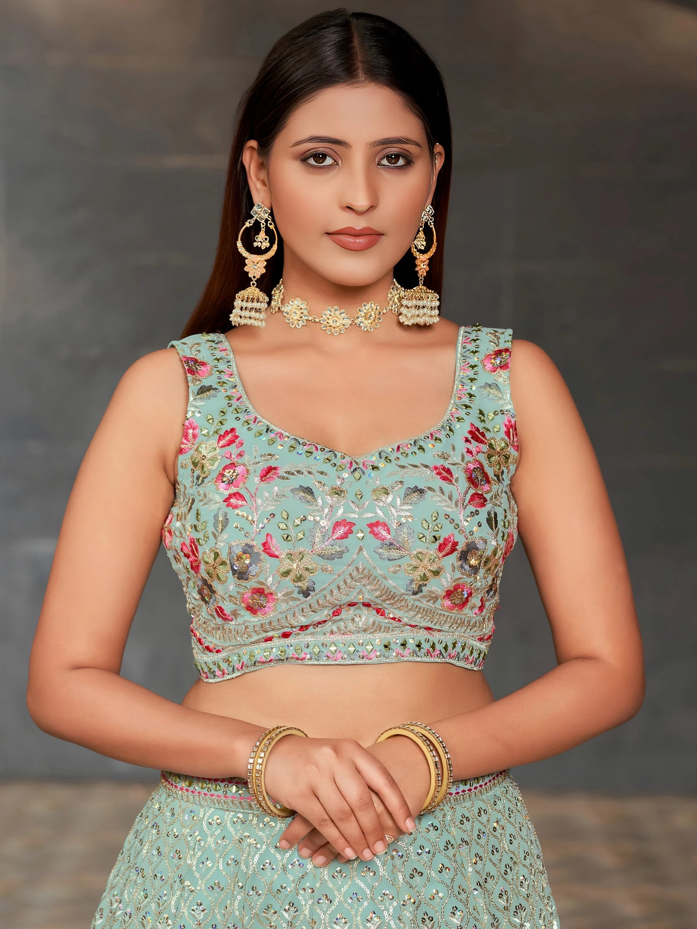 Sky-Blue Sequins Georgette Engagement Lehenga Choli for Women