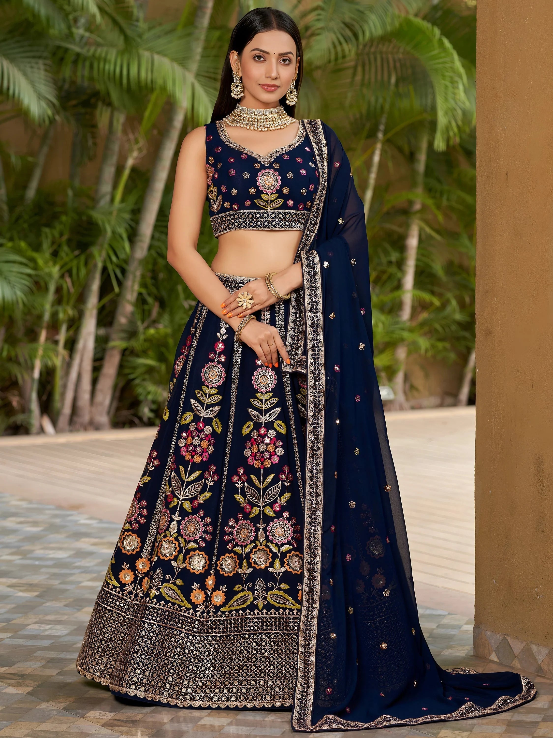 Navy Blue Thread Embroidered Georgette Wedding Wear Lehenga Choli