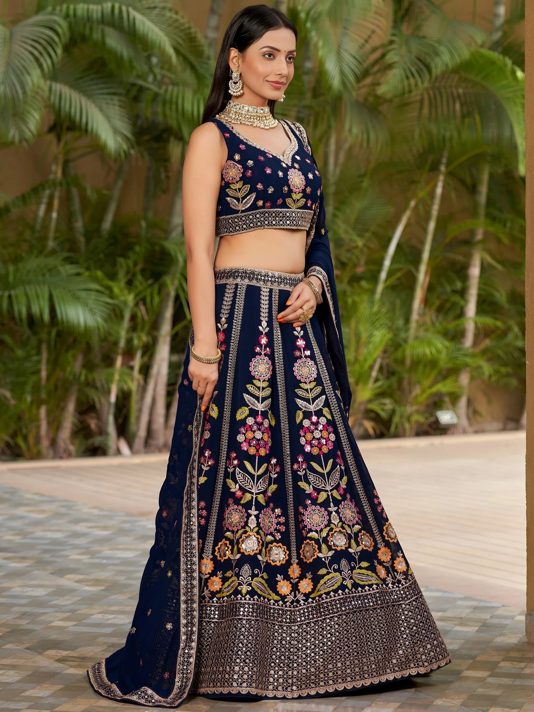 Navy Blue Thread Embroidered Georgette Wedding Wear Lehenga Choli