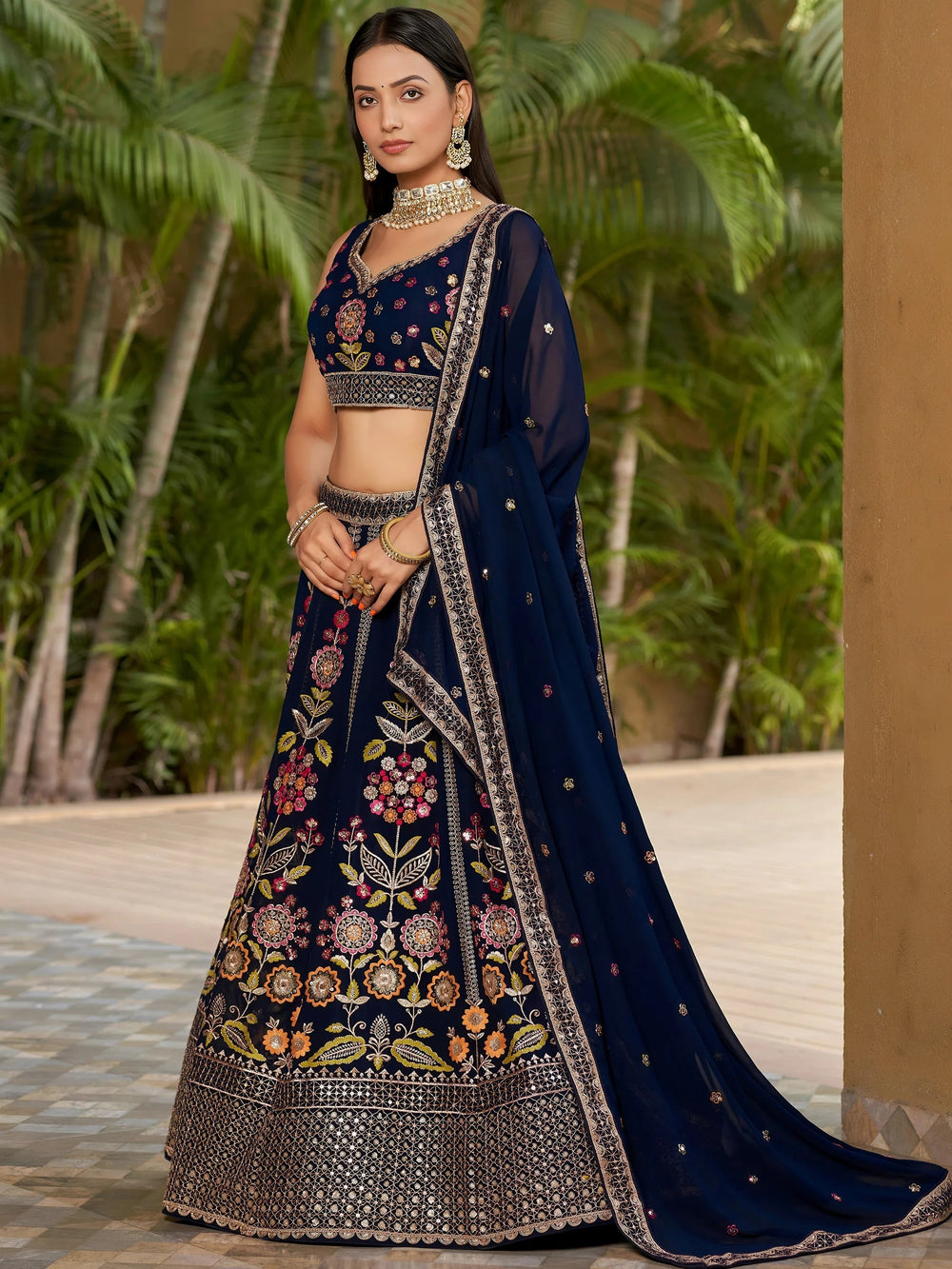 Navy Blue Thread Embroidered Georgette Wedding Wear Lehenga Choli