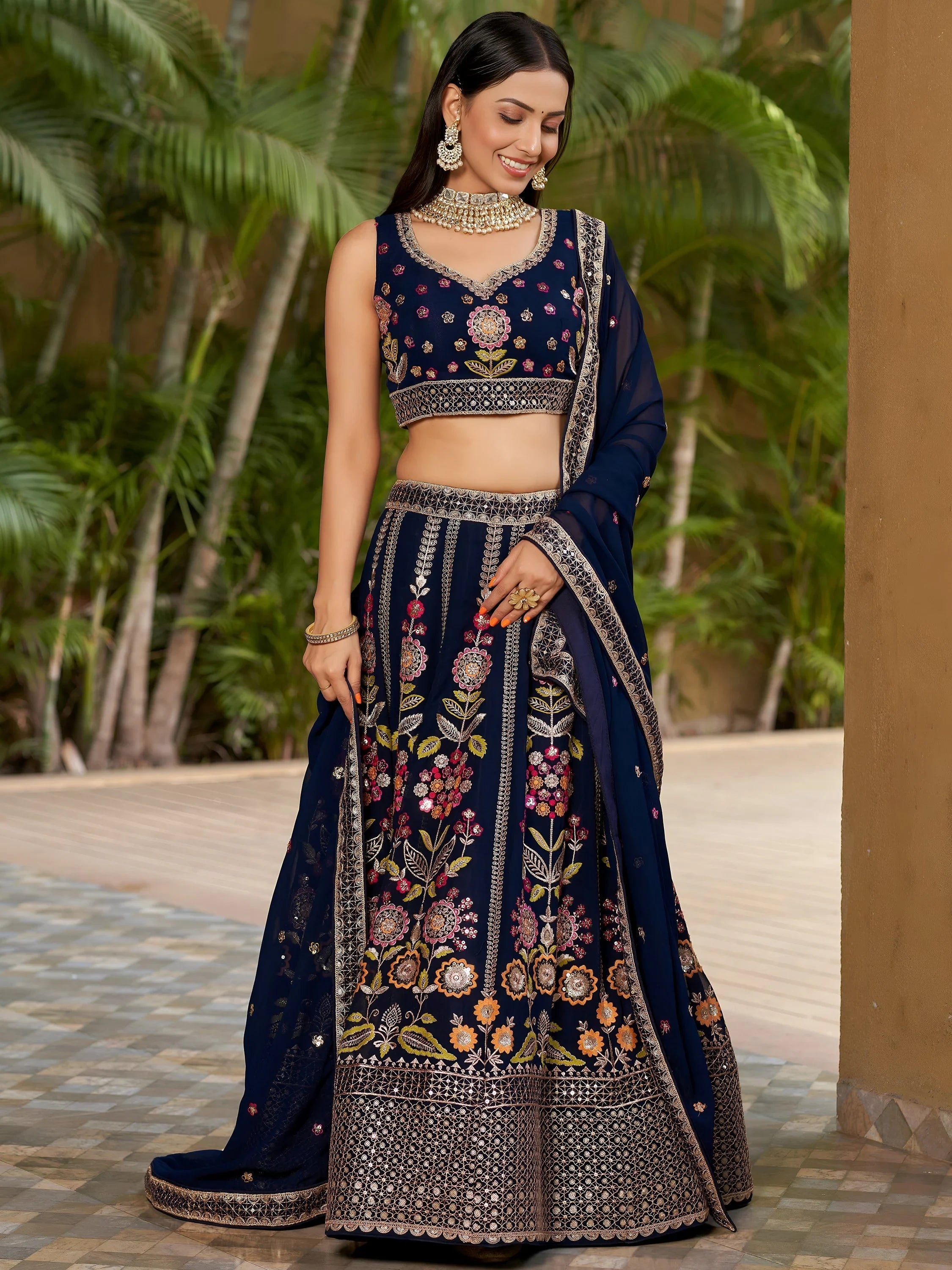 Navy Blue Thread Embroidered Georgette Wedding Wear Lehenga Choli