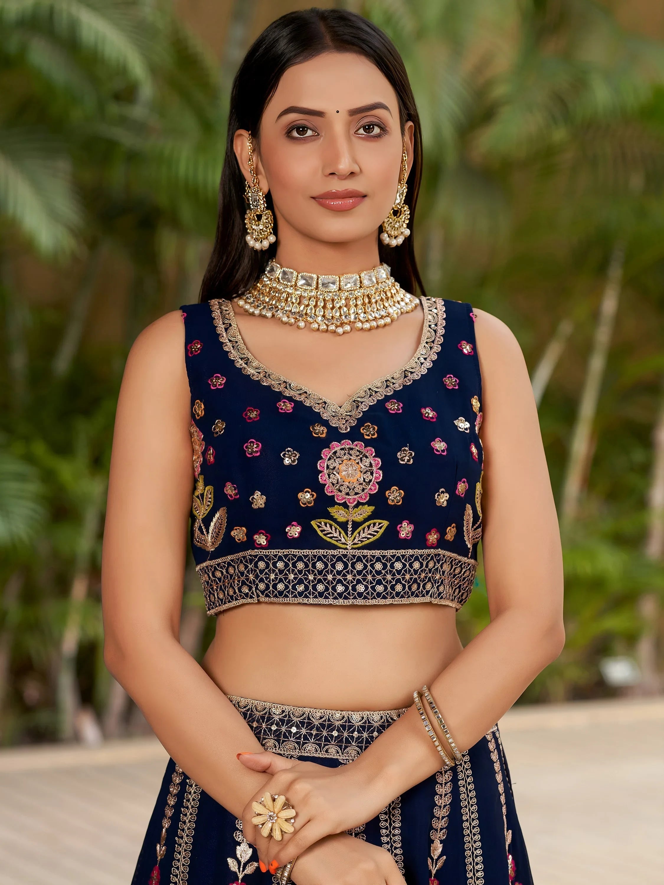 Navy Blue Thread Embroidered Georgette Wedding Wear Lehenga Choli