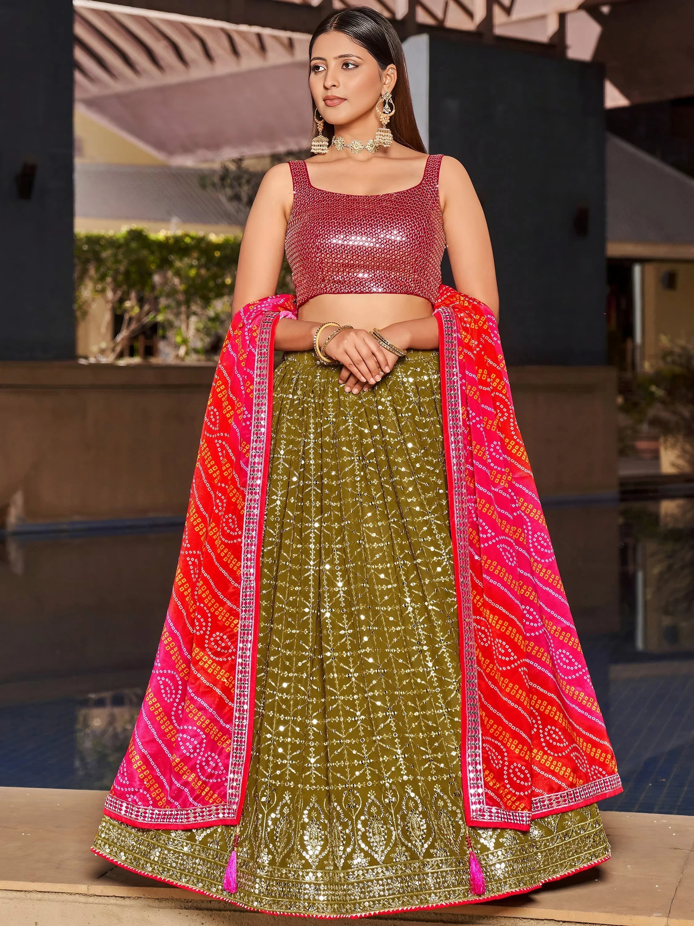 Olive Green Sequins Georgette Sangeet Lehenga Choli for Women