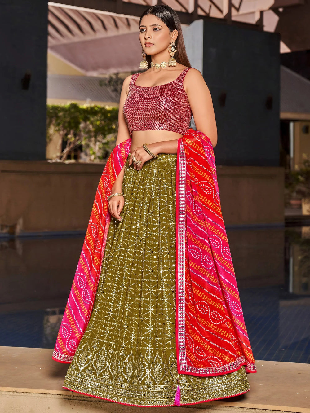 Olive Green Sequins Georgette Sangeet Lehenga Choli for Women