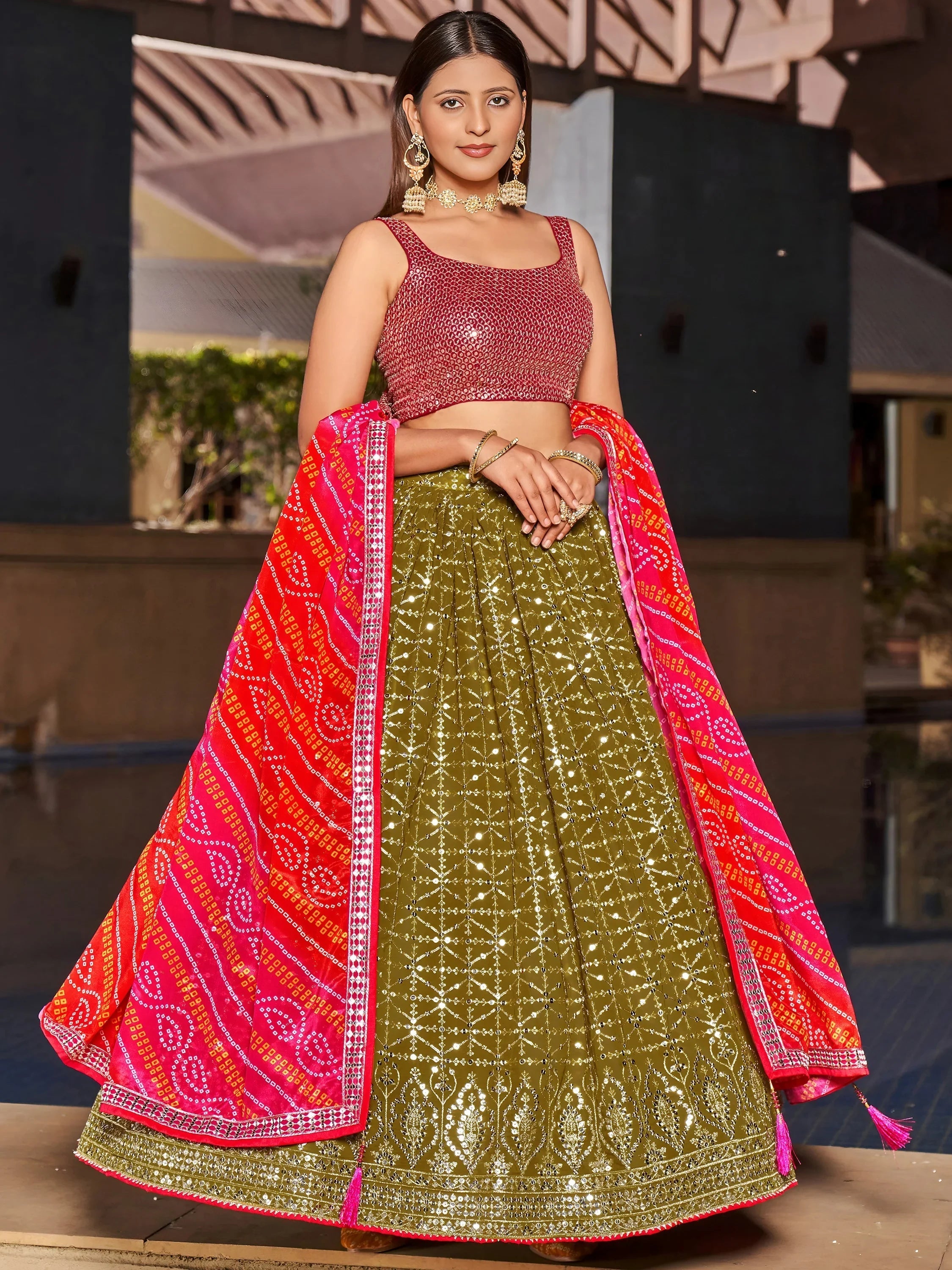 Olive Green Sequins Georgette Sangeet Lehenga Choli for Women