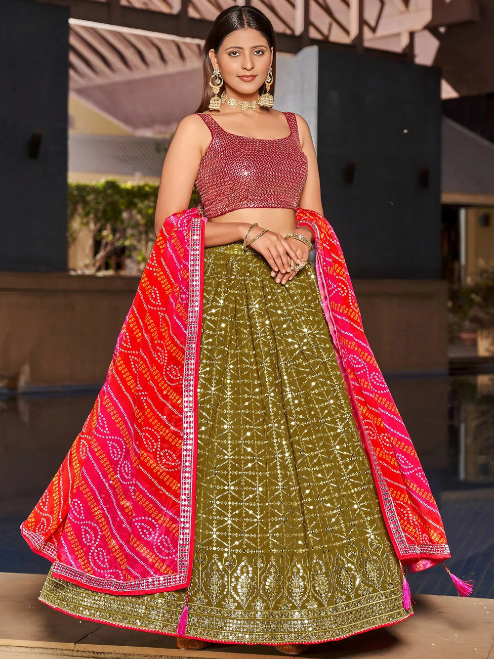 Olive Green Sequins Georgette Sangeet Lehenga Choli for Women