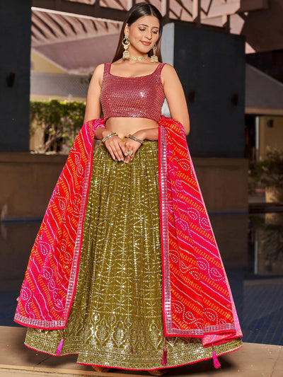 Olive Green Sequins Georgette Sangeet Lehenga Choli for Women