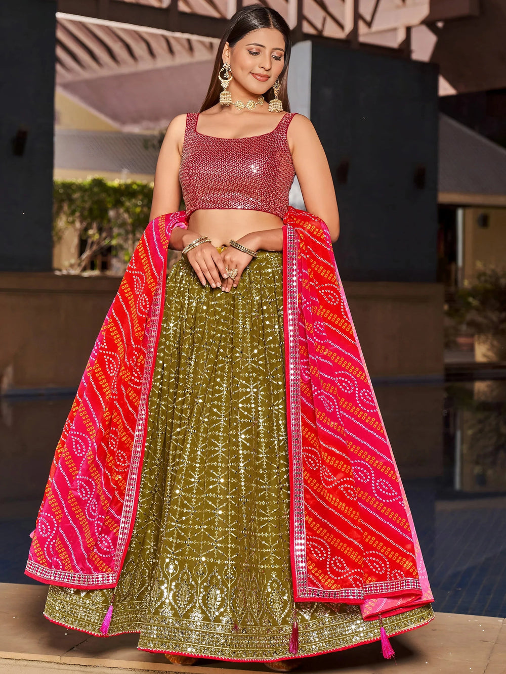 Olive Green Sequins Georgette Sangeet Lehenga Choli for Women